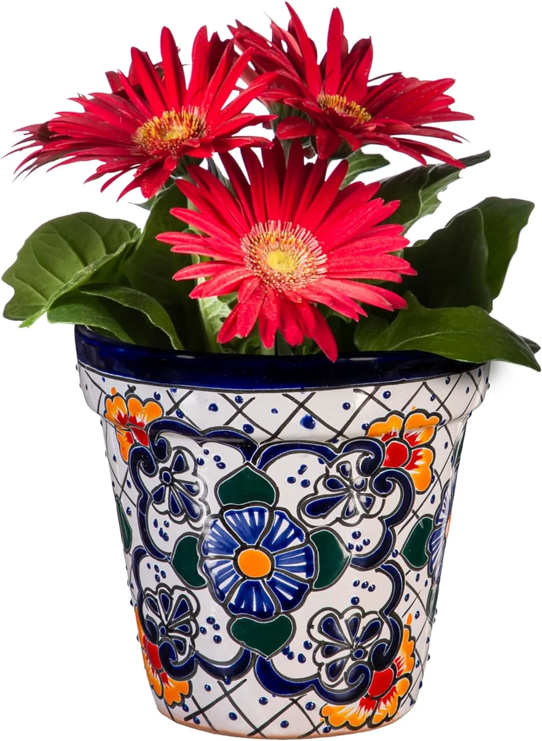 Talavera Mexican Pottery Ceramic Talavera White Vase Planter | Flower Pot Plant Succulent | Indoor Outdoor (8 inch)