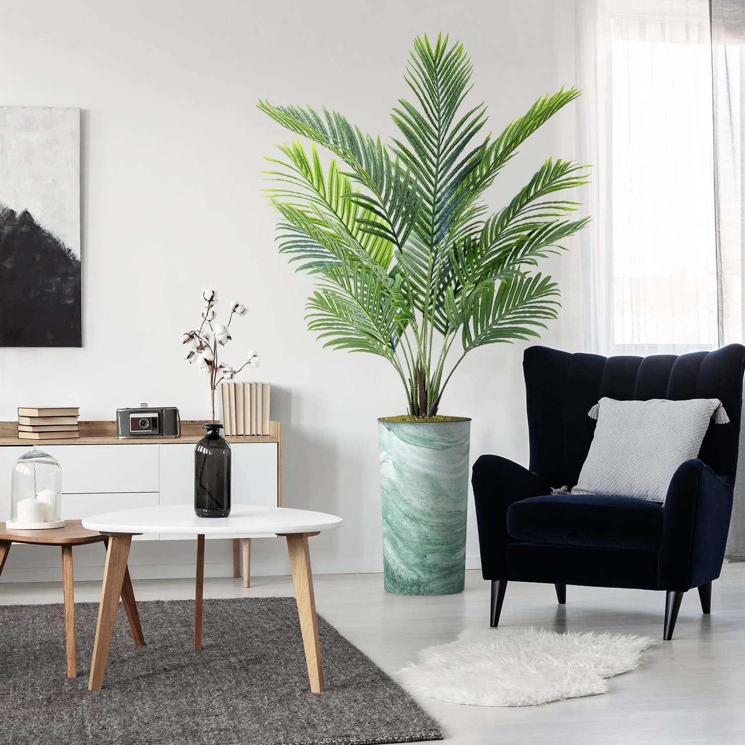 Artificial Tree in Green Watercolor Planter, Fake Areca Tropical Palm Silk Tree for Indoor and Outdoor Home Decoration - 66