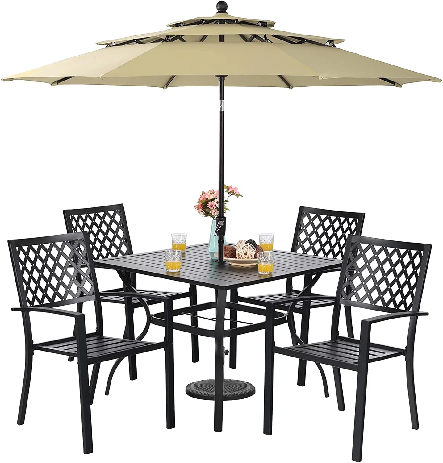 & William Patio Dining Set with 13ft Double-Sided Patio Umbrella  8 Piece Metal Outdoor Table Furniture Set with 6 Outdoor Stackable Chairs  1 Rectangle Dining Table and 1 Large Beige