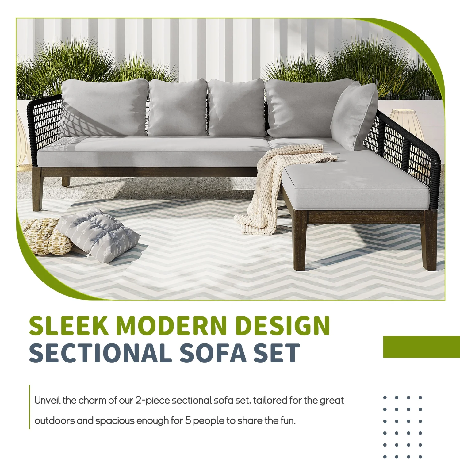 TOPMAX Modern 5-Person Outdoor Seating Group with Cushions Rope Waved Patio Sofa Set for Garden  Lawn  Poolside  L-Shaped  Black+Gray