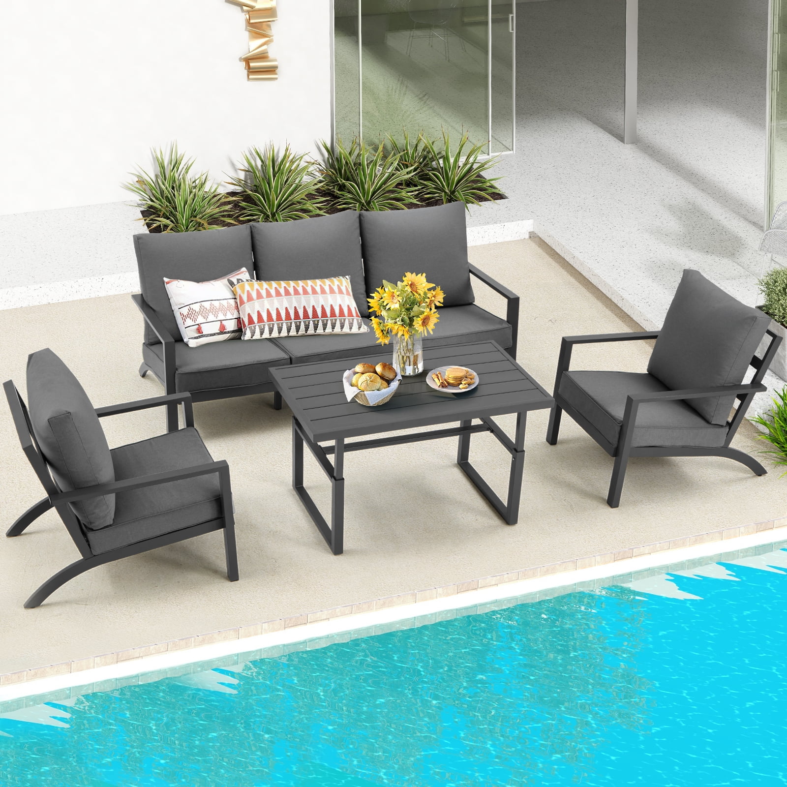 Danrelax 4 Pieces Aluminum Patio Furniture Set,Patio Conversation Set, Black
