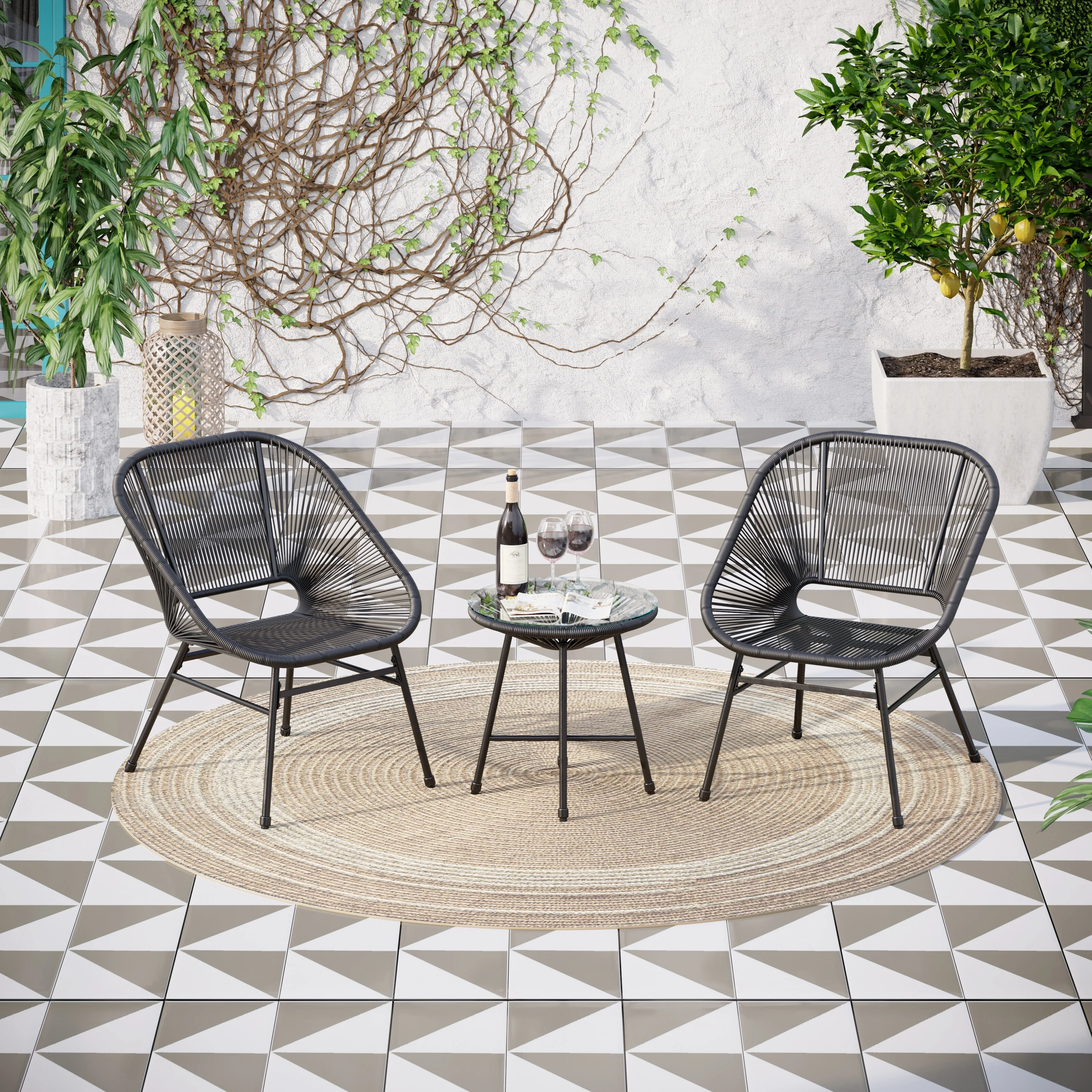 3-Piece Patio Bistro Sets,  All Weather Round Wicker PE Weave Basket Chair Set of 4 3-piece set