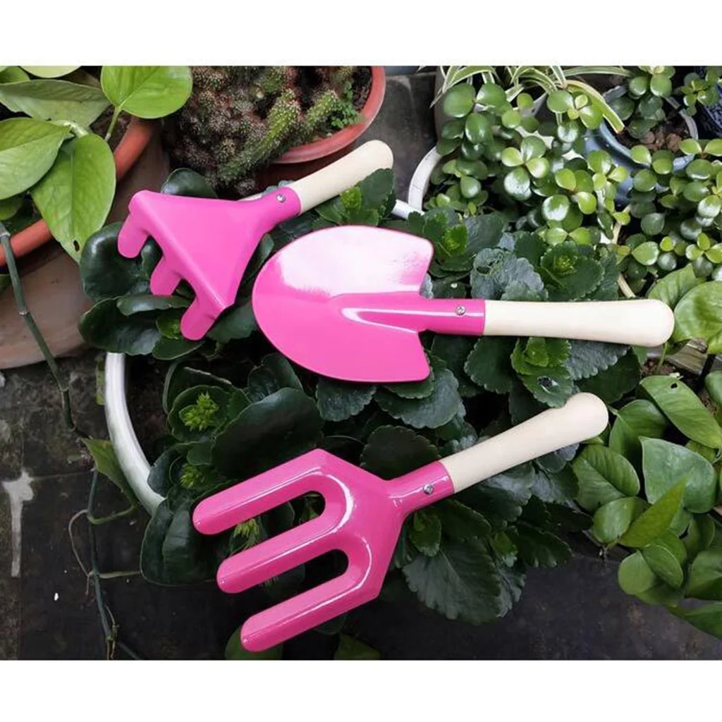 3pcs Mini Metal Rake Shovel Fork Set Kids Beach Sandbox Toy Pink