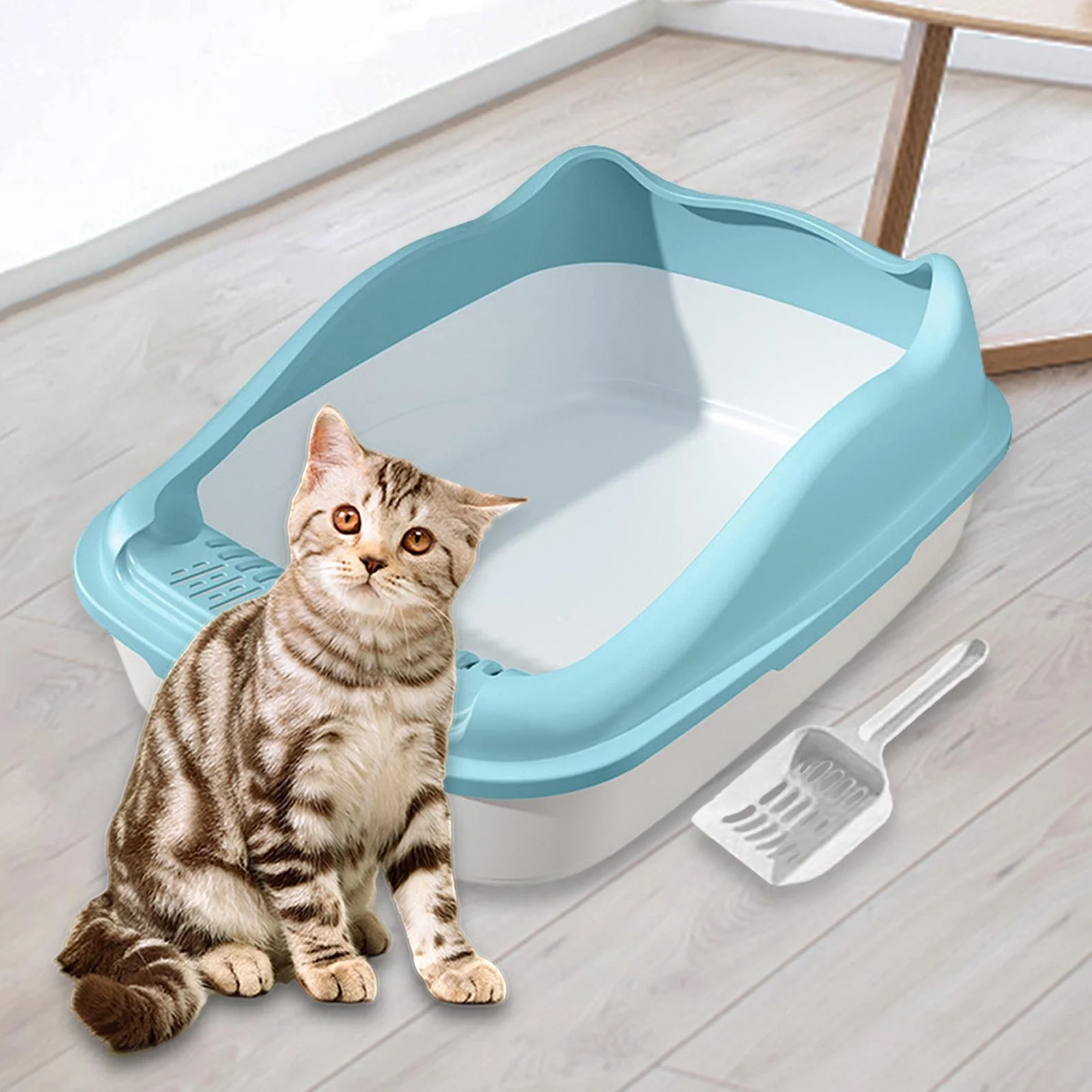 EHJRE Cat Litter Tray Toilet Semi Enclosed High Sides Sturdy Anti ing Smooth Bottom for Rabbits Removable Base 22x15x7.8inch Blue