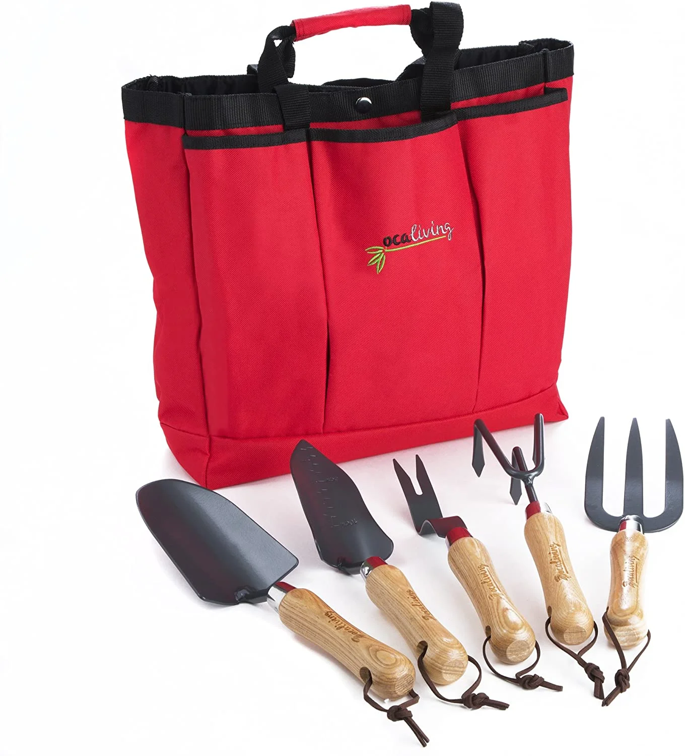 z Garden Tool Set- Gardening Tools -Planting Trowel  Fork  Weeder  Transplanter  Rake & 6 Pocket Storage Bag -Heavy Duty Gardening Kit- Gardening Gift Women Men -Wood Handle Tools