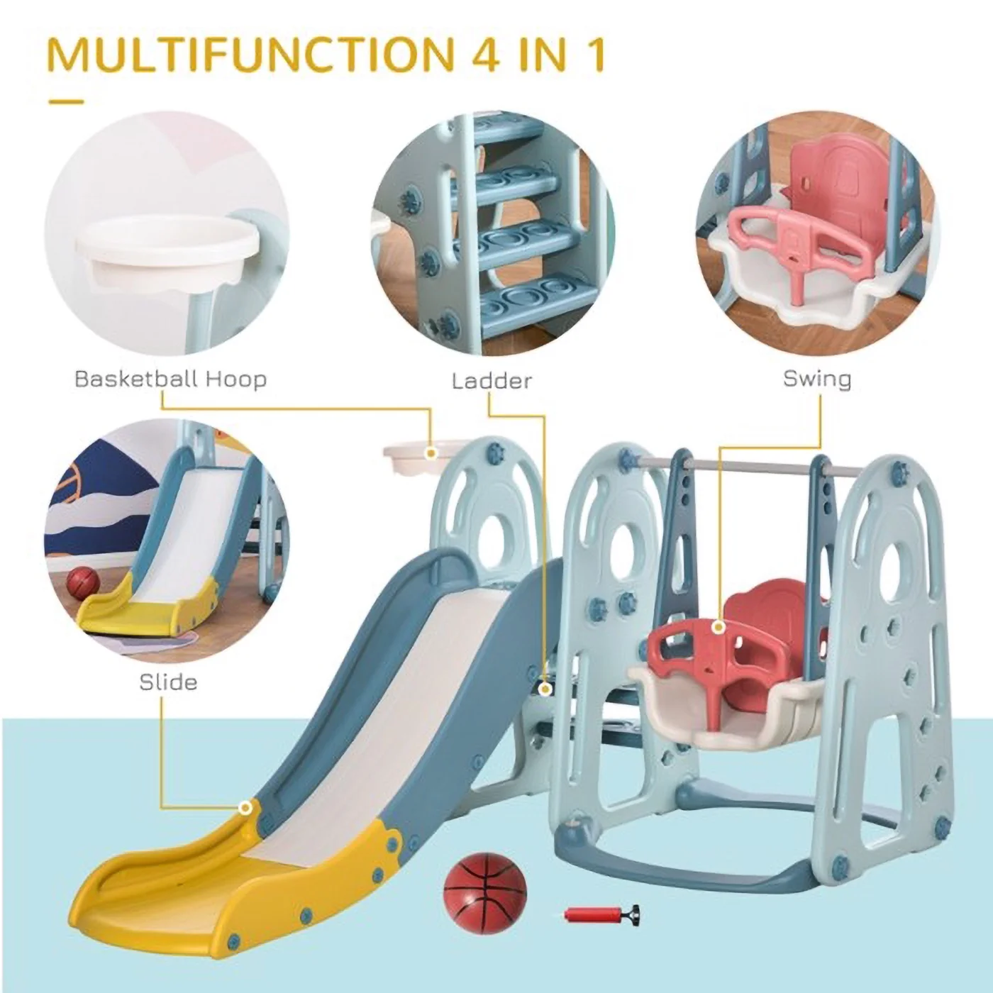 RUseeN 4-in-1 Kids Slide and Swing Set - Perfect for Toddlers 1-5 Years - Extra-Large Indoor and Outdoor Playground - Includes Slide, Swing, Basketball Hoop, Ladder – Blue and Yellow