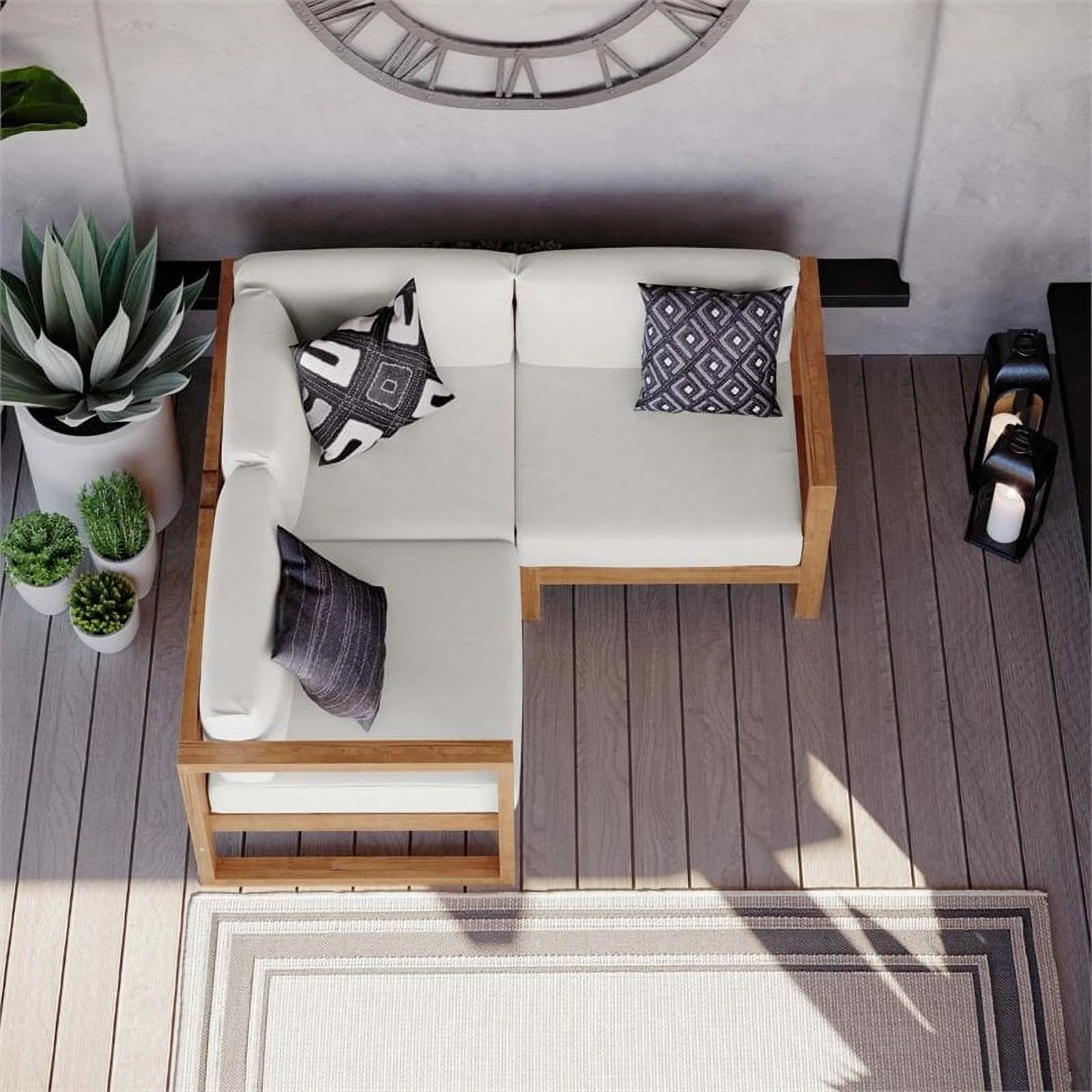 Afuera Living 3 Piece Solid Teak Wood Patio Sectional in Natural and White