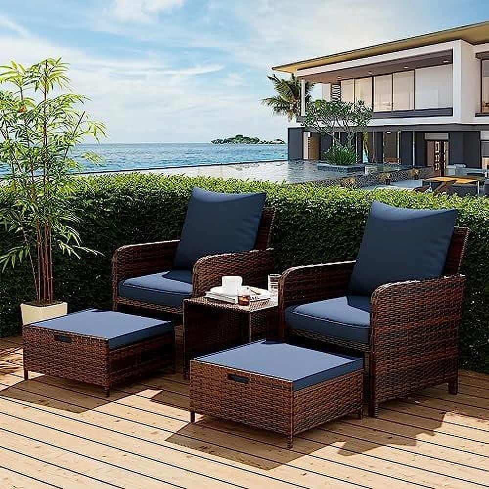 LNSETGC 5 Piece Patio  Set  Outdoor Patio Conversation Rattan Chair with Ottomans w/ Coffee Table for Patio  Space Saving Design for Balcony Poolside Front Porch Deck  Navy