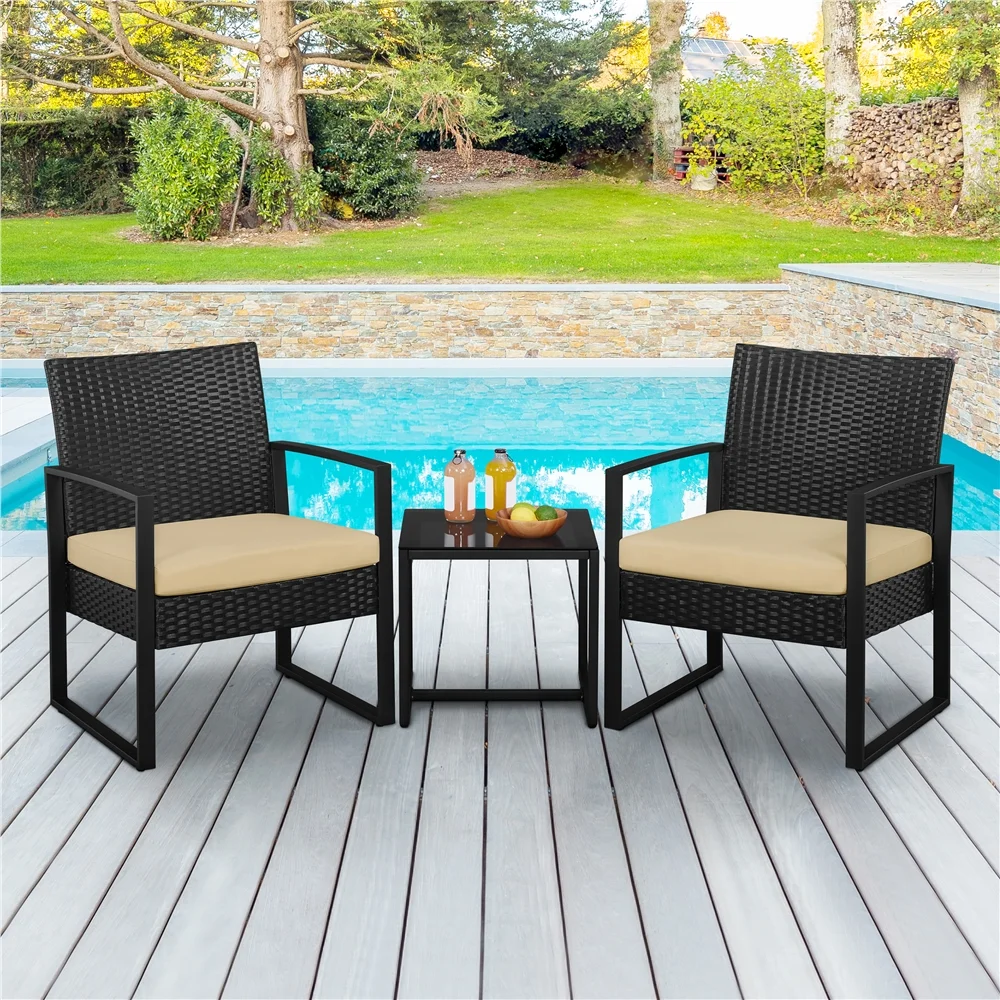 Yaheetech Modern 3-piece Patio Rattan Chairs & Table Set with Cushions, Black/Khaki