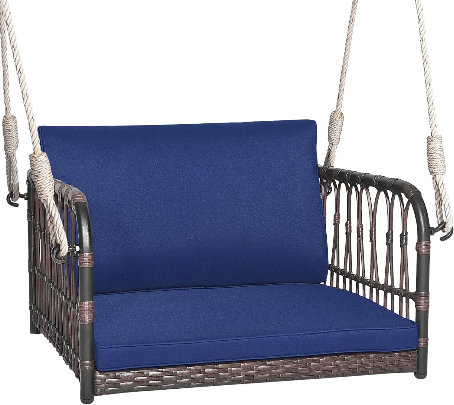Porch Swing Chair, Rattan Woven Hanging Seat with Hanging Ropes, Cushions Hooks, Wicker Hanging Swing Bench for Porch Lawn Garden Backyard Balcony