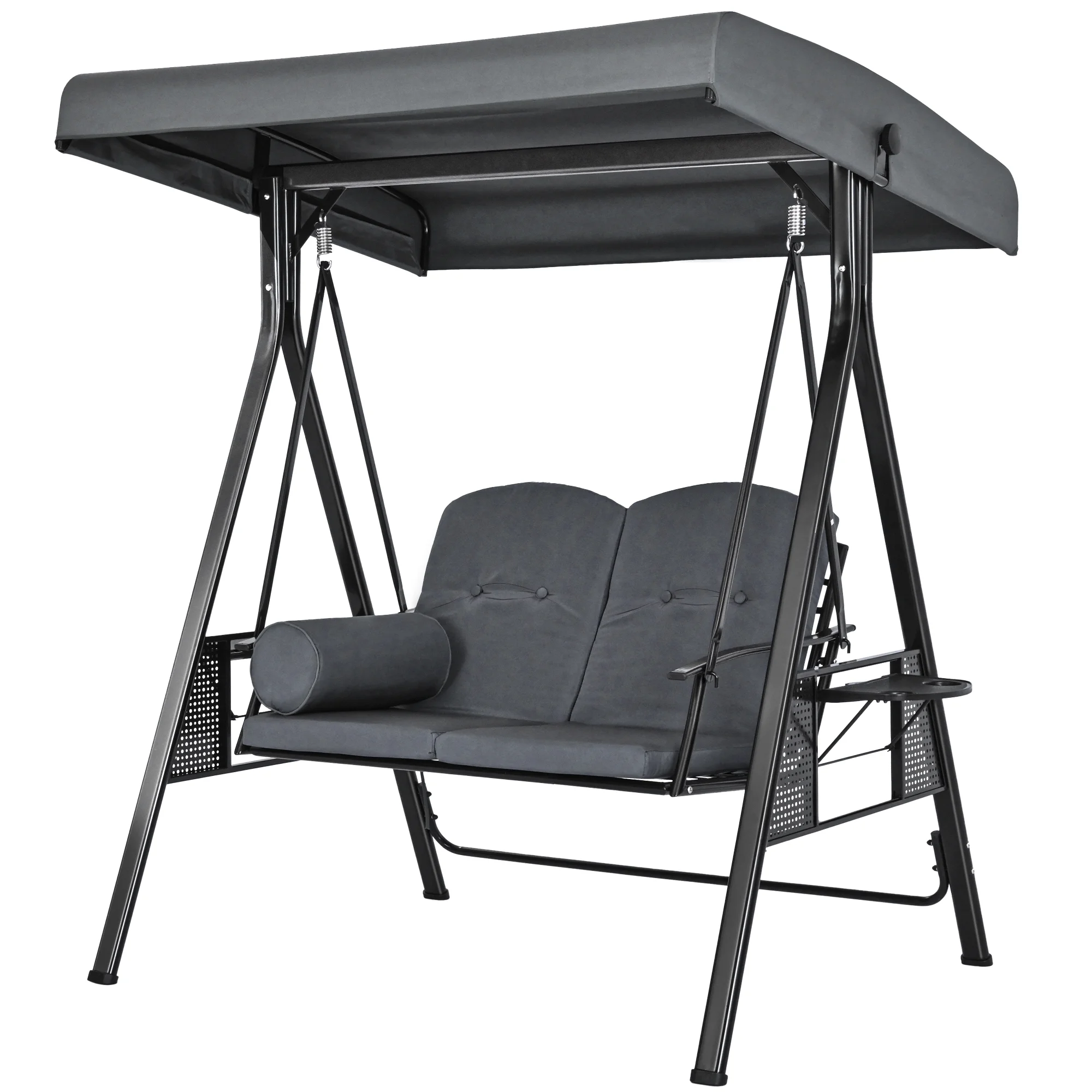 2-Person Gray Metal Patio Swing with Canopy and Cushion
