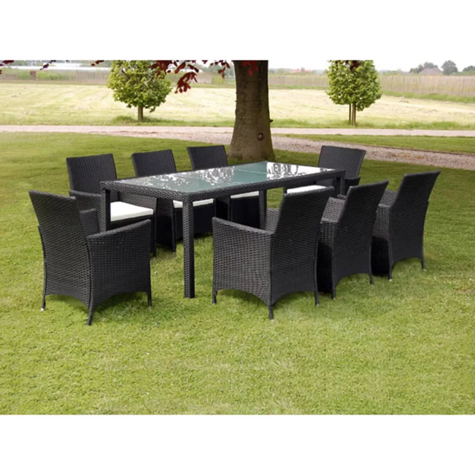 walmeck 9 Piece Patio Dining Set with Cushions Poly Rattan Black