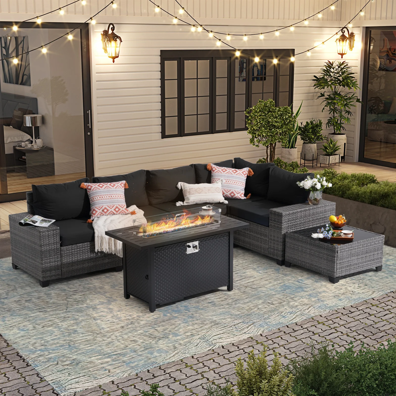 JOIVI 7 Pieces Wicker Patio Furniture Set with 50,000 BTU Gas Fire Pit Table, Outdoor Rattan Sectional Sofa Conversation Set with 45” Fire Pit Table for Deck, Porch, Yard, Black