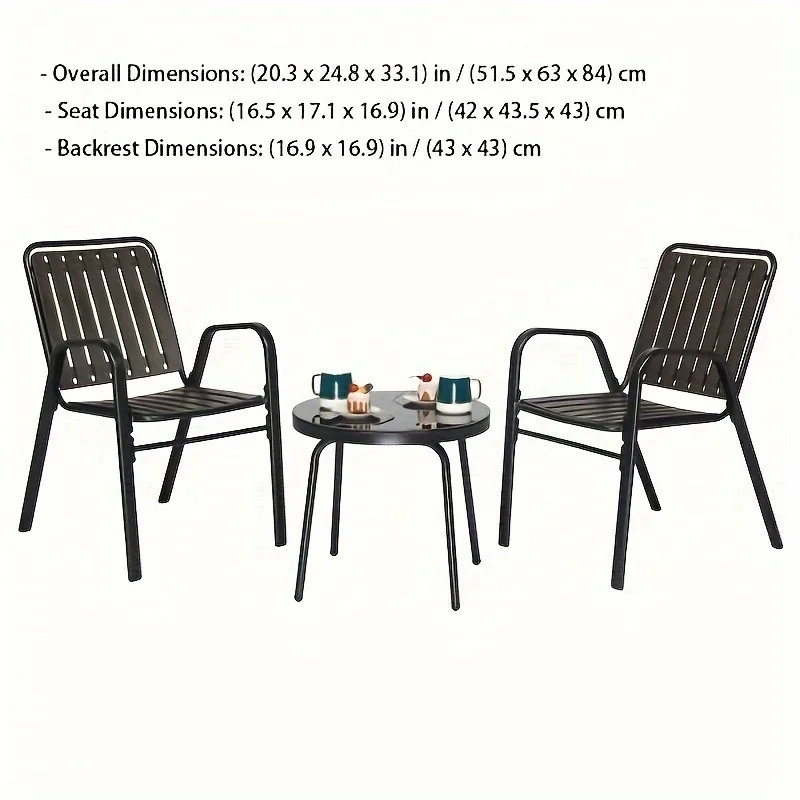 DFSDFGF32 3pcs Chair Coffee Table Combination, 2 Chairs+1 Coffee Table, Iron Black Frame Coffee Colored Plastic Board Courtyard Iron Table and Chair Set