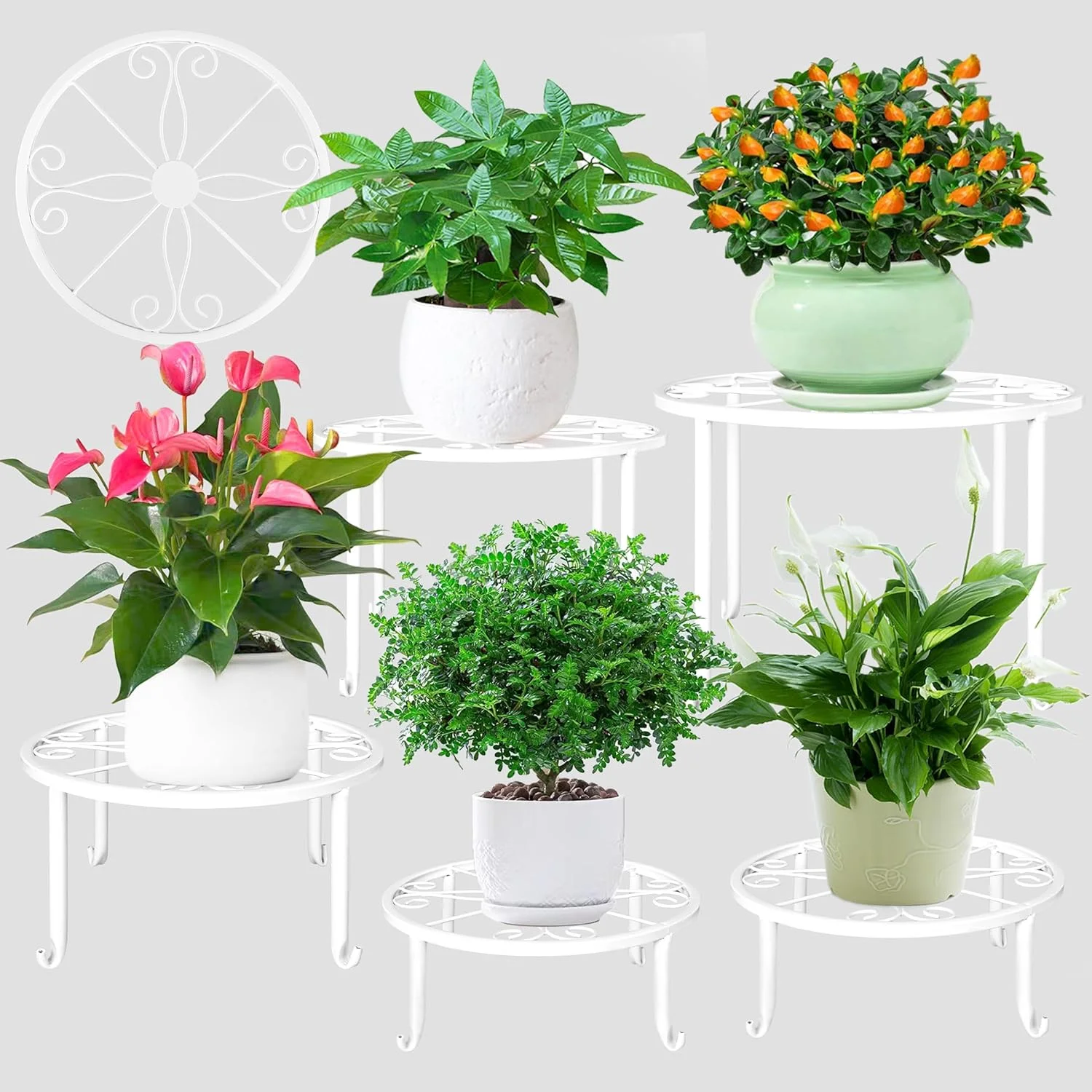 Plant Stands 5 Pack White Metal Plant Stand for Outdoor Indoor Plants Heavy Duty Flower Pot Stands for Multiple Plants Rustproof Iron Round Plant Shelf for Planter Potted Plant Holder for Garden Home