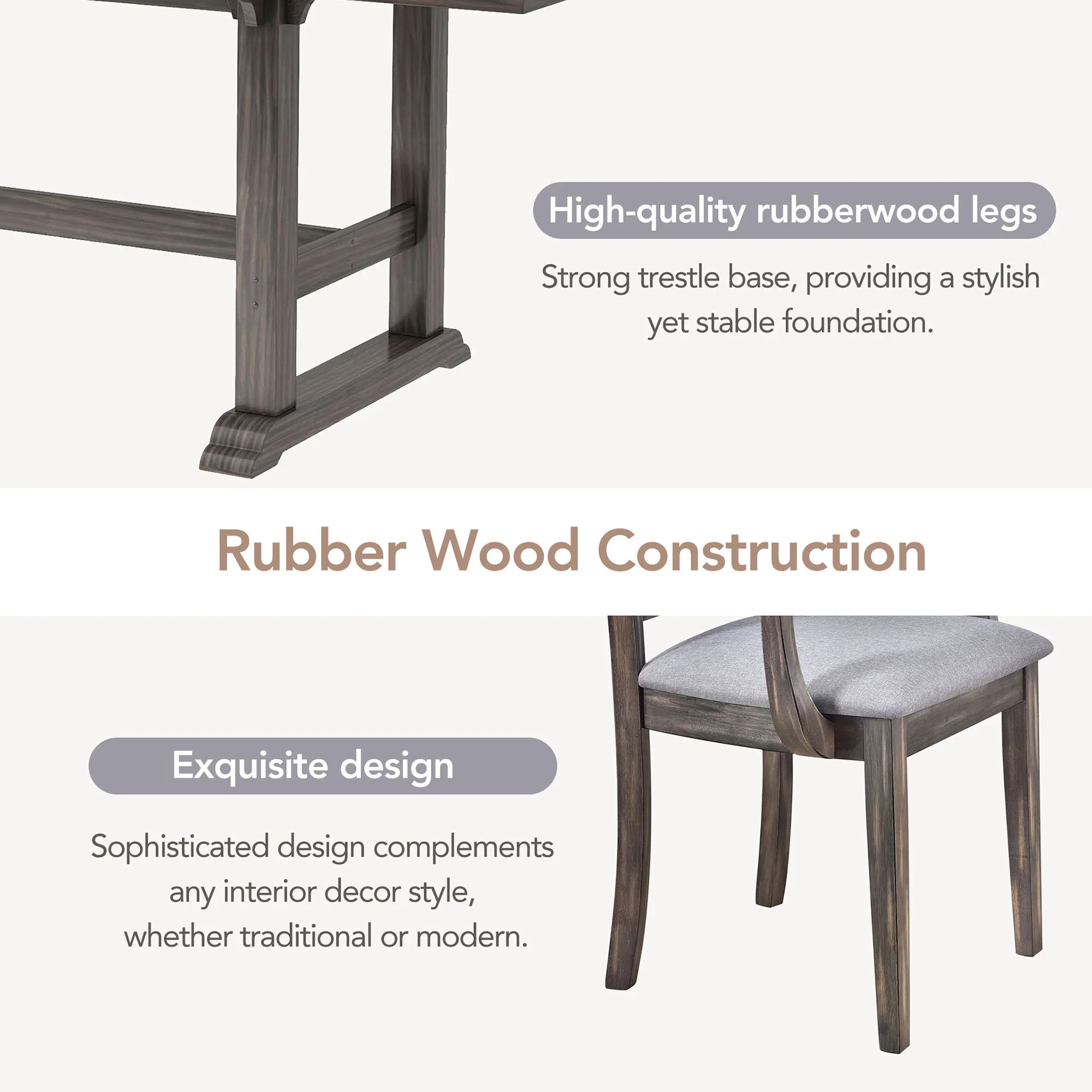 HighSound 7-Piece Updated 76.9inch Extendable Trestle Dining Table Set with Removable Leaf, Kitchen Table Set with Upholstered Side Chair and Arm Chair, Set of 6, Grey