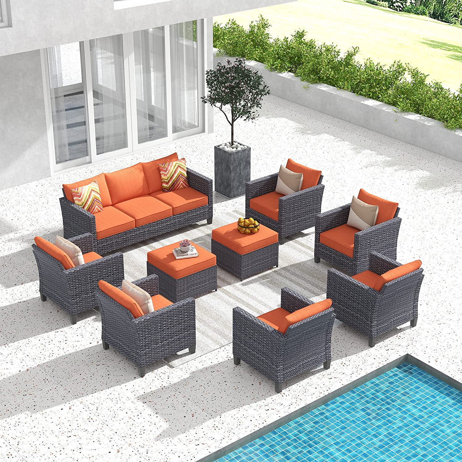 Patio  Set 6 PCS Outdoor Sectional Sofa Set with Rocking Swivel Chairs Loveseat Ottomans High Back Sofa All Weather Wicker Rattan Conversation Sets for Yard Porch (Orange Red)