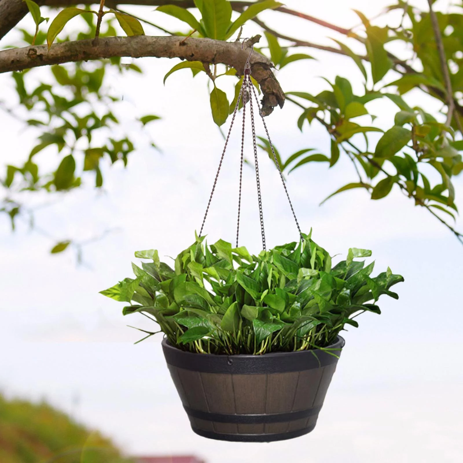 Large Wooden Bucket Barrel Planters - Rustic Flower Planters Pots With hanging chain
