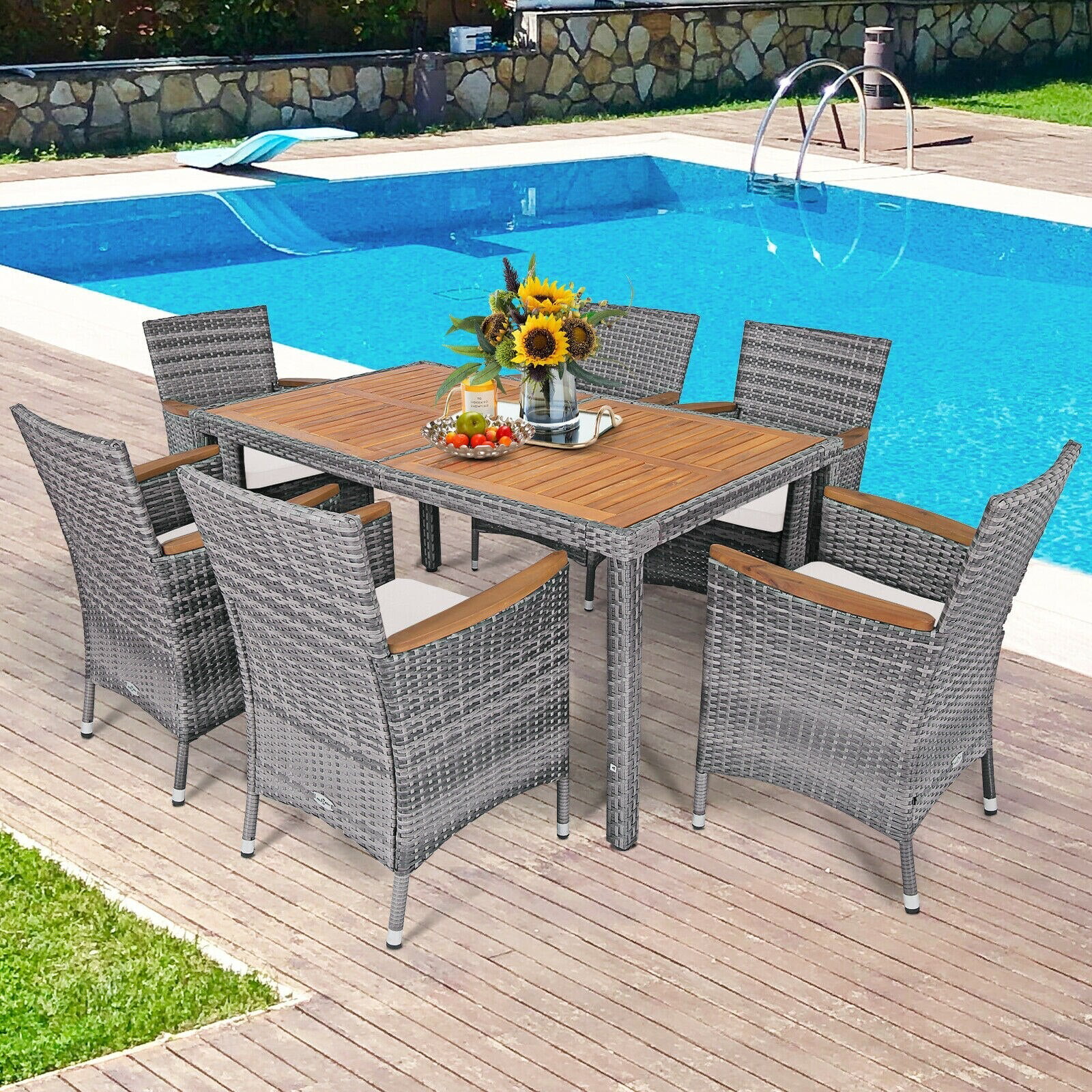 Gray 7PCS Patio Rattan Dining Set Cushioned Chair Wood Table Mix
