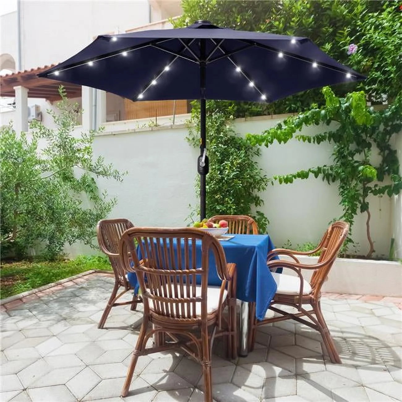 7.5 ft. Solar Lighted LED Patio Market Crank and Tilt Umbrellas, Table Umbrellas,UV-Resistant Canopy in Navy Blue