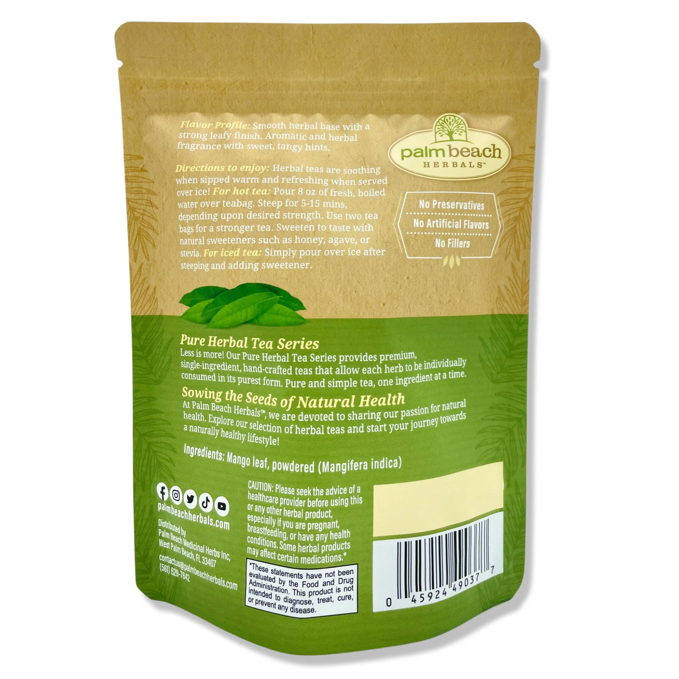 Palm Beach Herbals Mango Leaf Tea, 30 Count Tea Bags, Caffeine-Free | Pure Herbal Tea Series