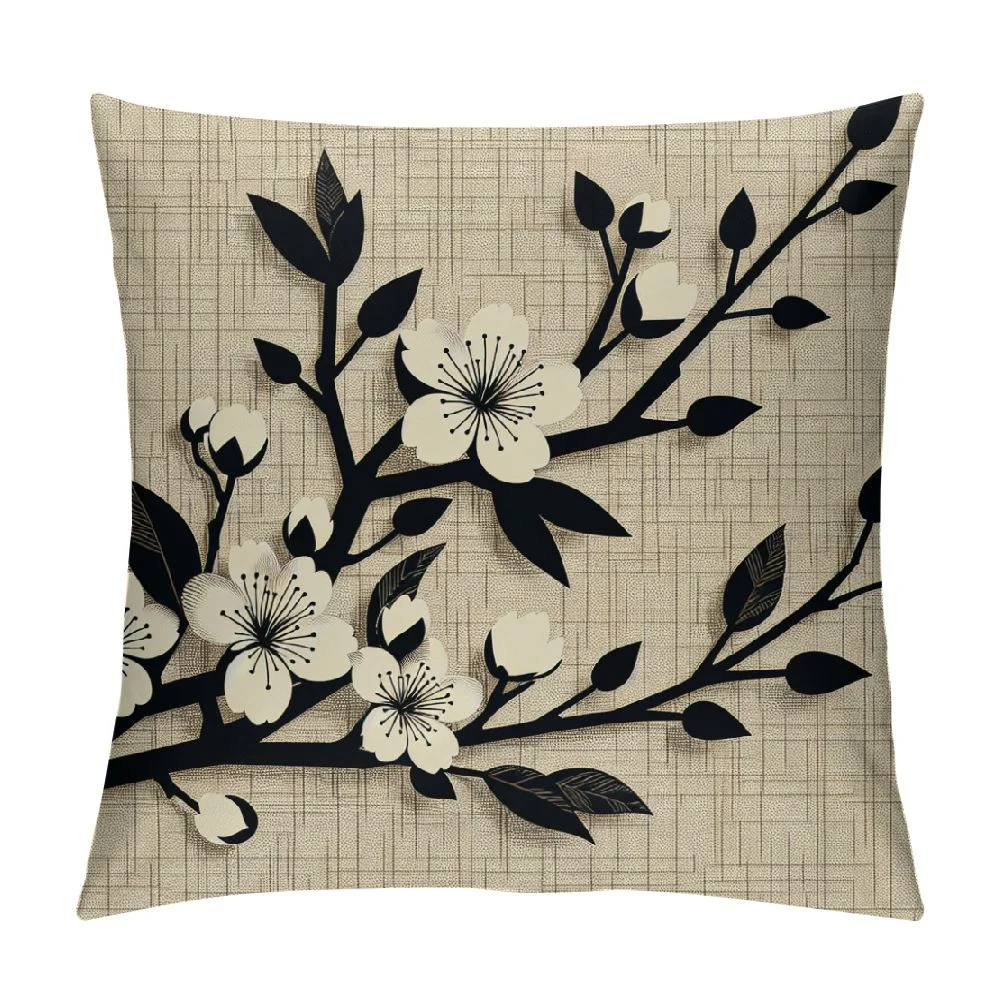 cbxzyzzc Throw Pillows Cover Brown Japanese Bush Oriental Painting Plum Brush Blossom Wind Nature Flower Tree Cherry Japan Cushion Case Cotton Linen for Fall Home Decor