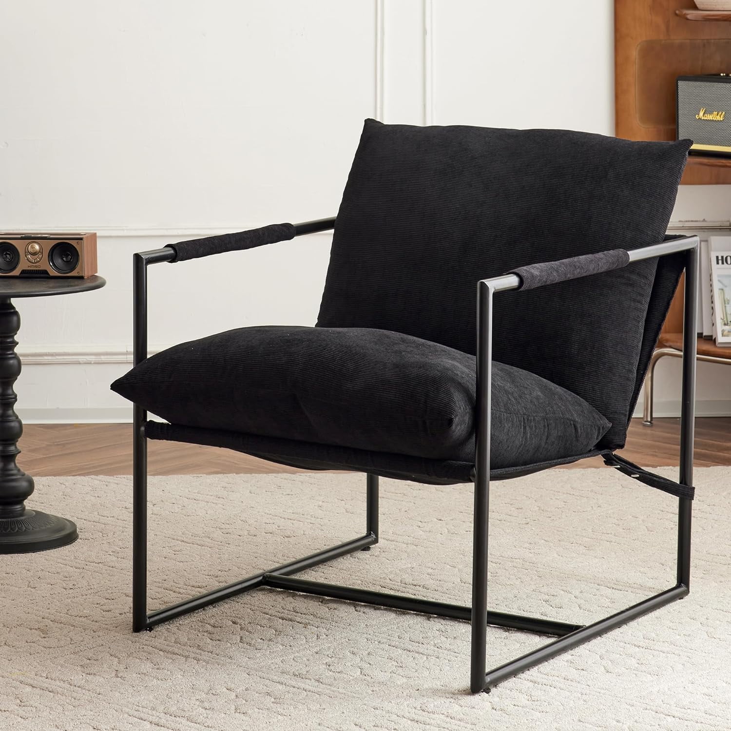 RSJIWOGZ Kosydown   Sling Chair Large Modern Armchair  Room Bedroom Reading Office Metal Frame Upholstered Soft Cushion Cozy Decorative Relxing Comfortable Chair (Black-Corduroy)