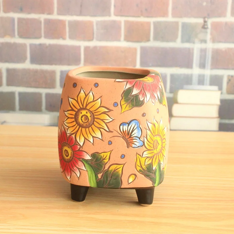 Hand-painted Ceramic Succulent Planter - Desktop Pot for Succulent Plants