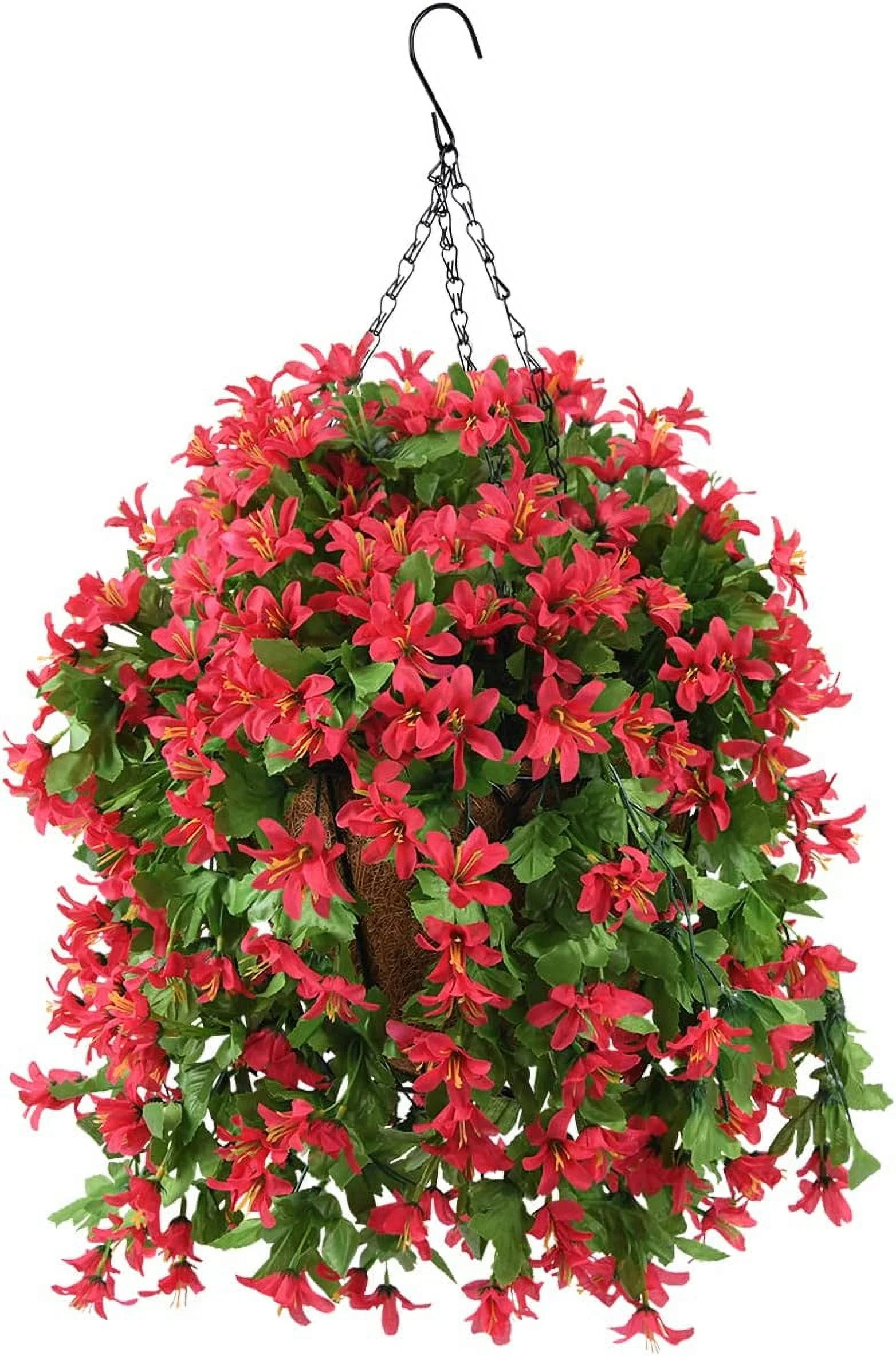 Artificial Hanging Flowers for Outdoors Spring Summer Decoration,Fake Silk Violet in 12inch Coconut Lining Hanging Basket Faux Plants UV Resistant for Home Patio Garden Decor(Red)