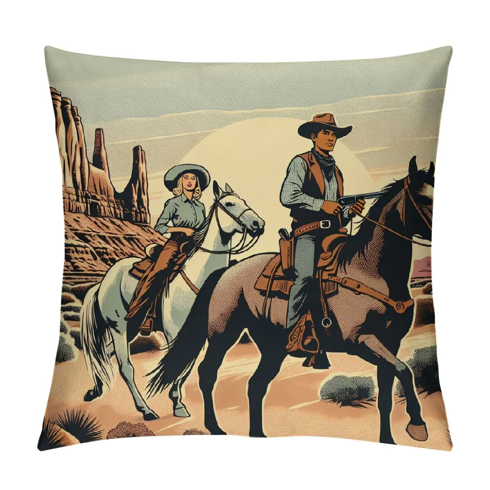 EastSmooth  Retro Cowboy Western Pillow Cover Wild West Desert Cactus Cowgirl Throw Pillow Case for Home Party Decorative College Dorm Bedroom Couch Sofa Cushion Case