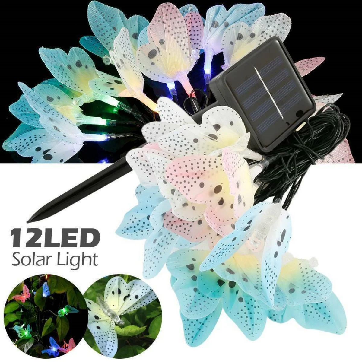 WSYW 12LED Solar Fairy String Light Butterfly Shape Waterproof Xmas Outdoor Yard Decor