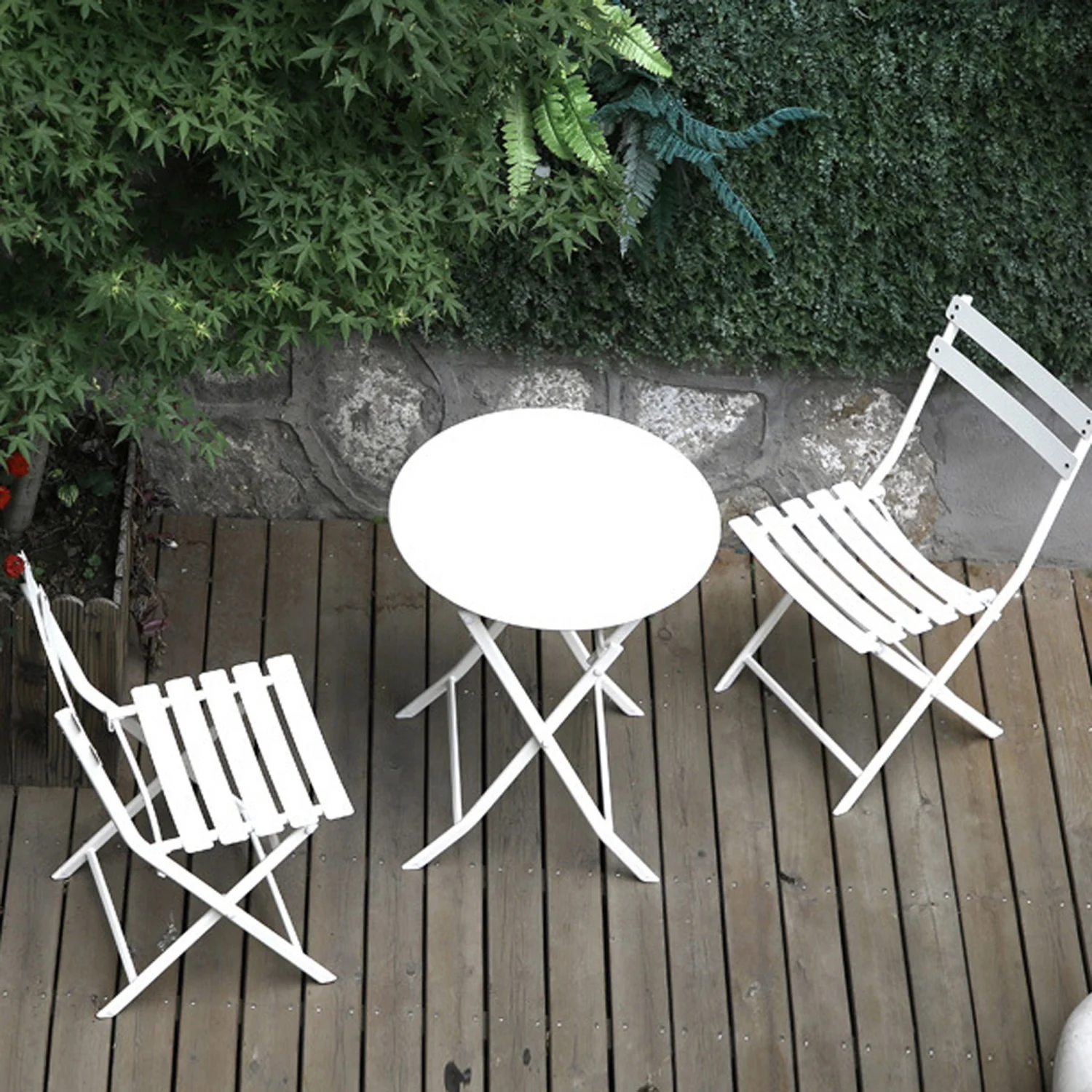 3 Piece Patio Bistro Set of Foldable Round Table and Chairs  White