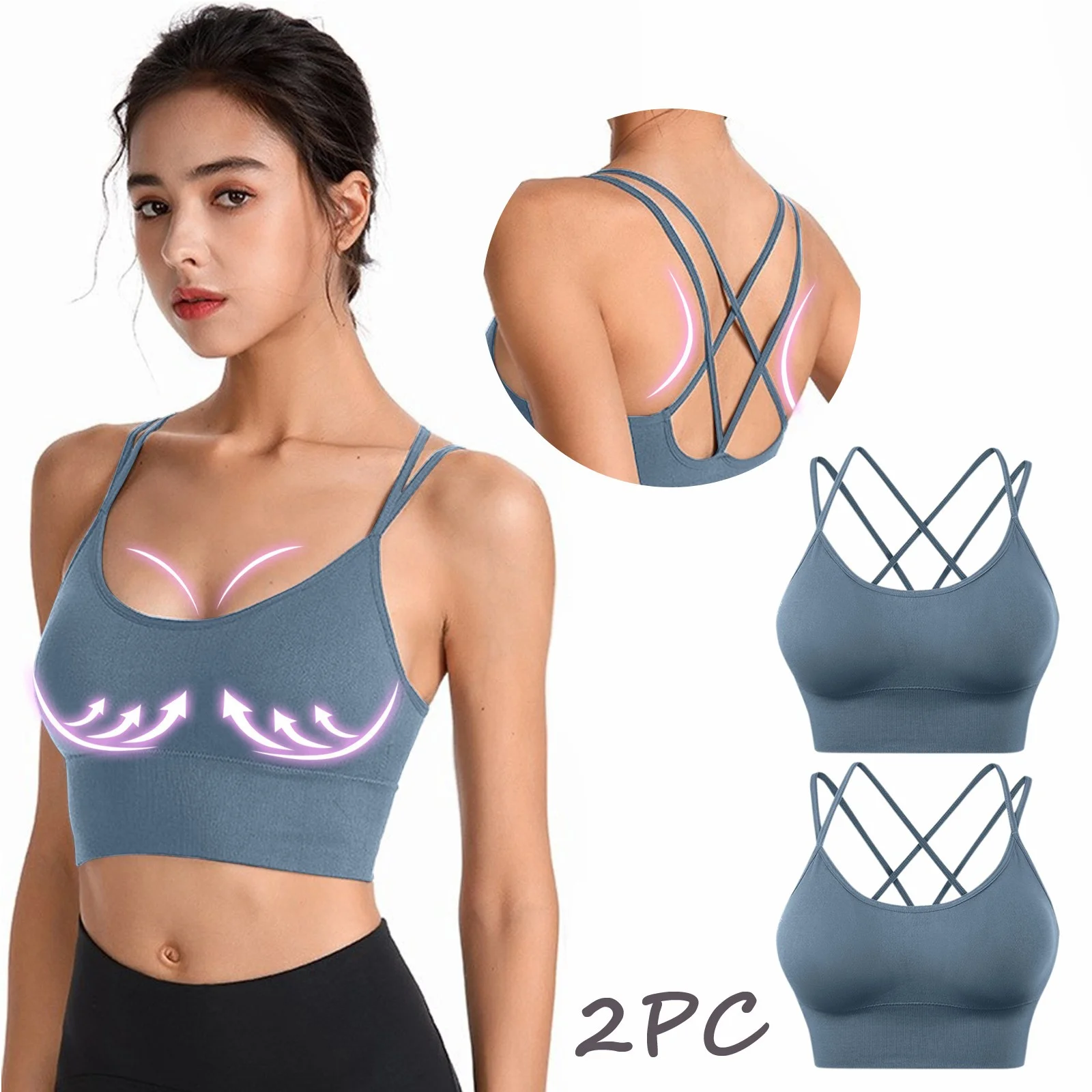 Sports Bras For Women 2 Pack Wire-Free Bralettes Solid Blue S