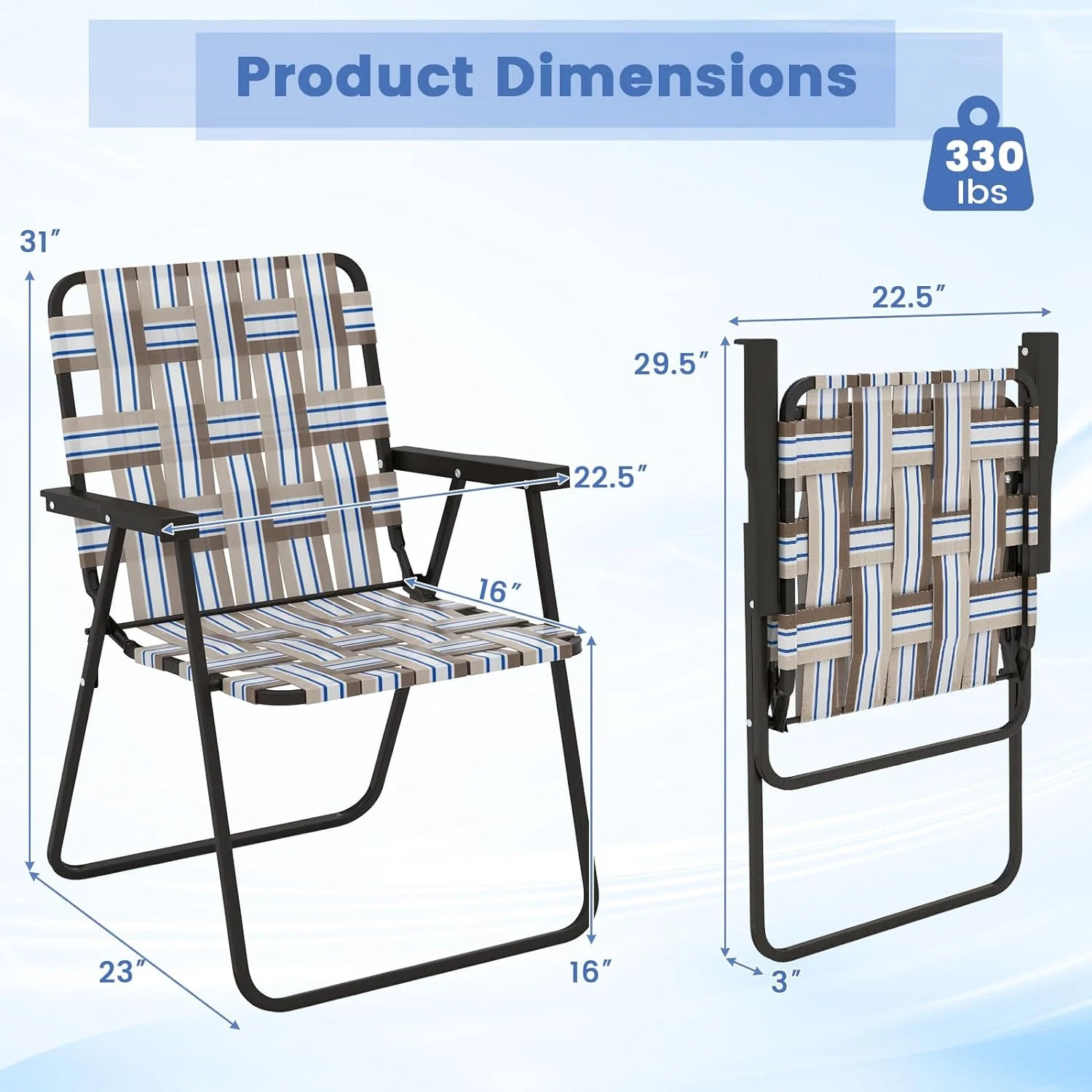 Folding Lawn Chairs Set of 2, Portable Webbed Chairs with Webbing Seat & Back, Widened Armrests, Heavy Duty Metal Frame, Lightweight Patio Dinning Chairs for Yard, Camping, Poolside, Beach