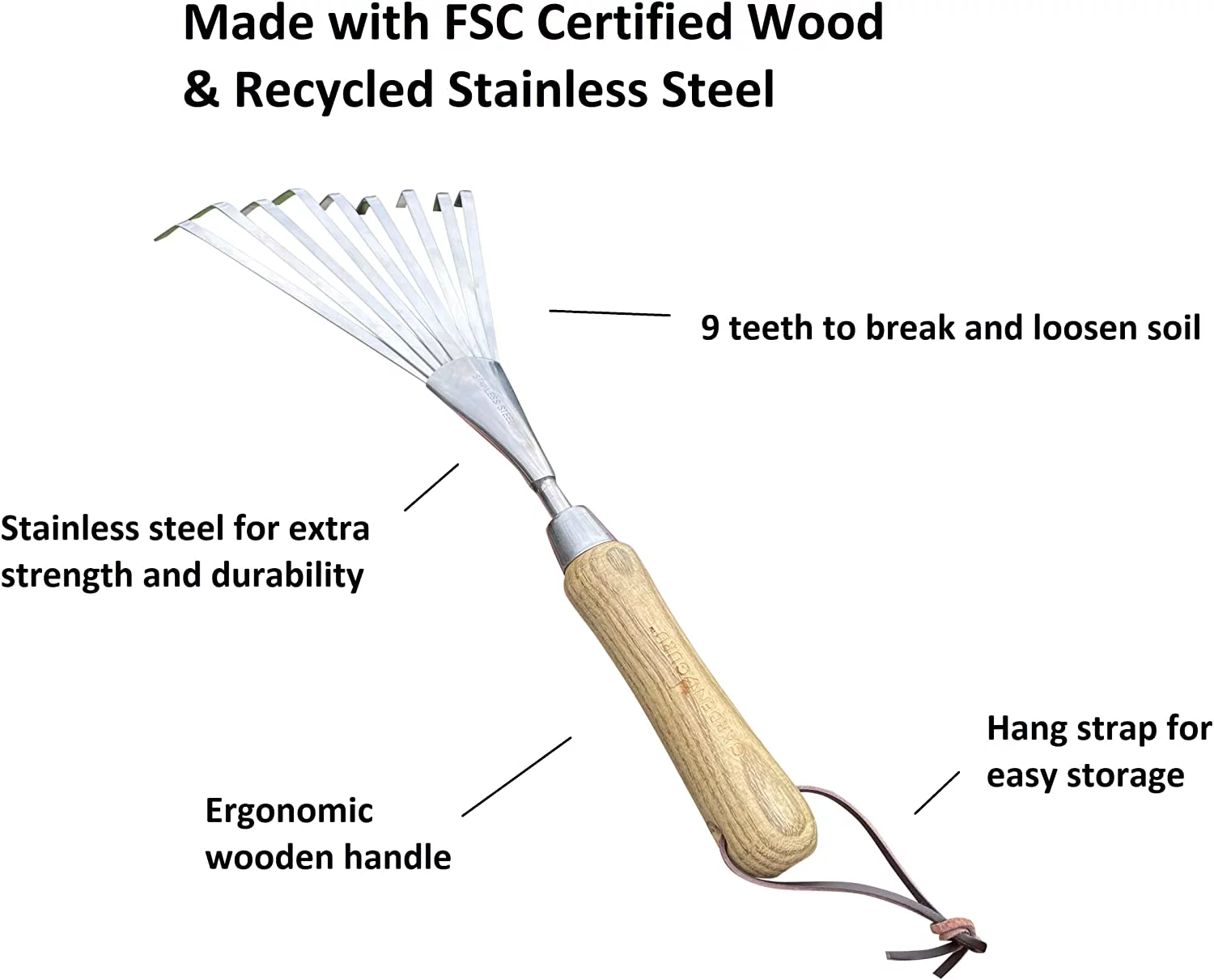 Garden Guru Stainless Steel Hand Rake Tiller with FSC Wood Ergonomic Handle, Great for Gardening, Cultivating, and More (4 Pack)