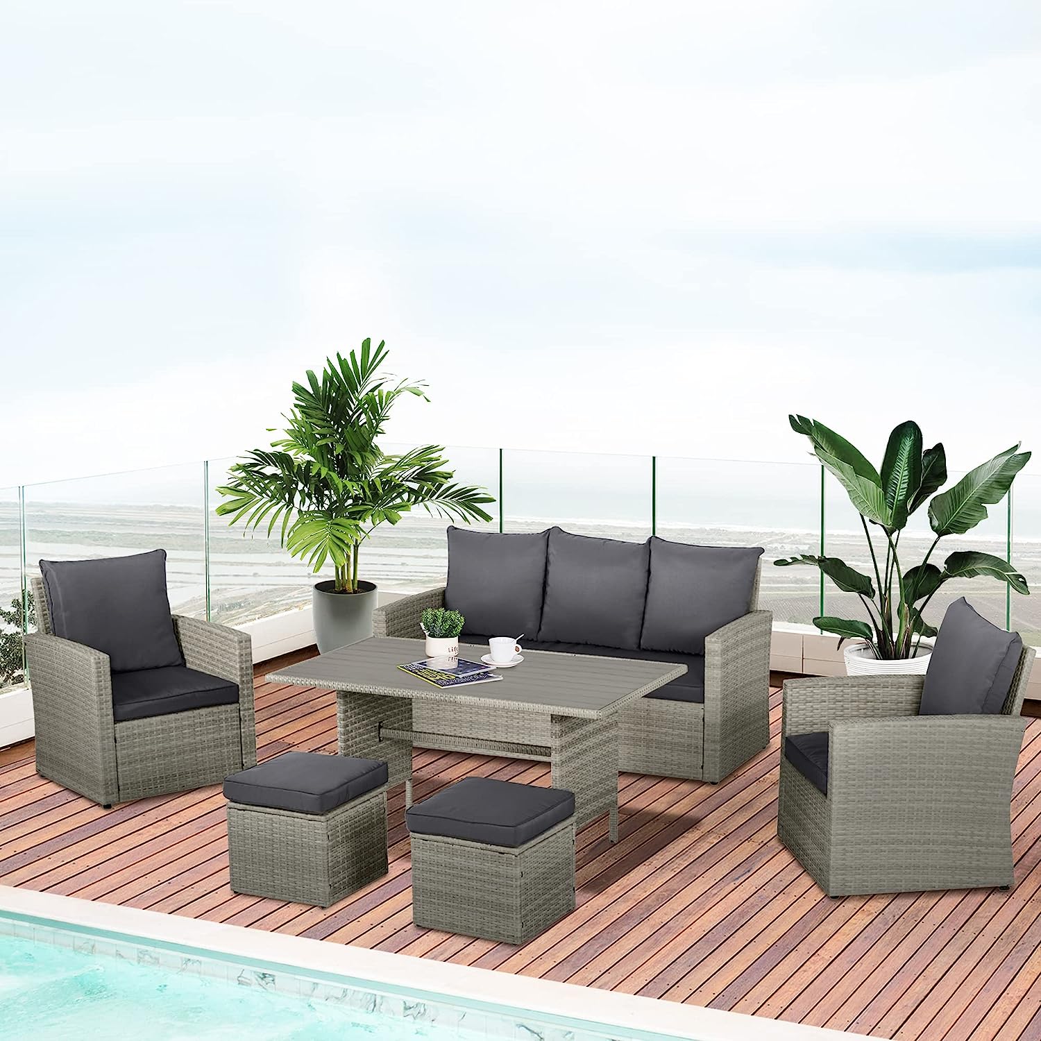 Dina 6 Piece Patio Dining Set  PE Rattan Furniture Set with 2 Chairs Cushions & Outdoor Three Seat Sofa  Woodgrain Slatted Dinner Table  Mixed Gray