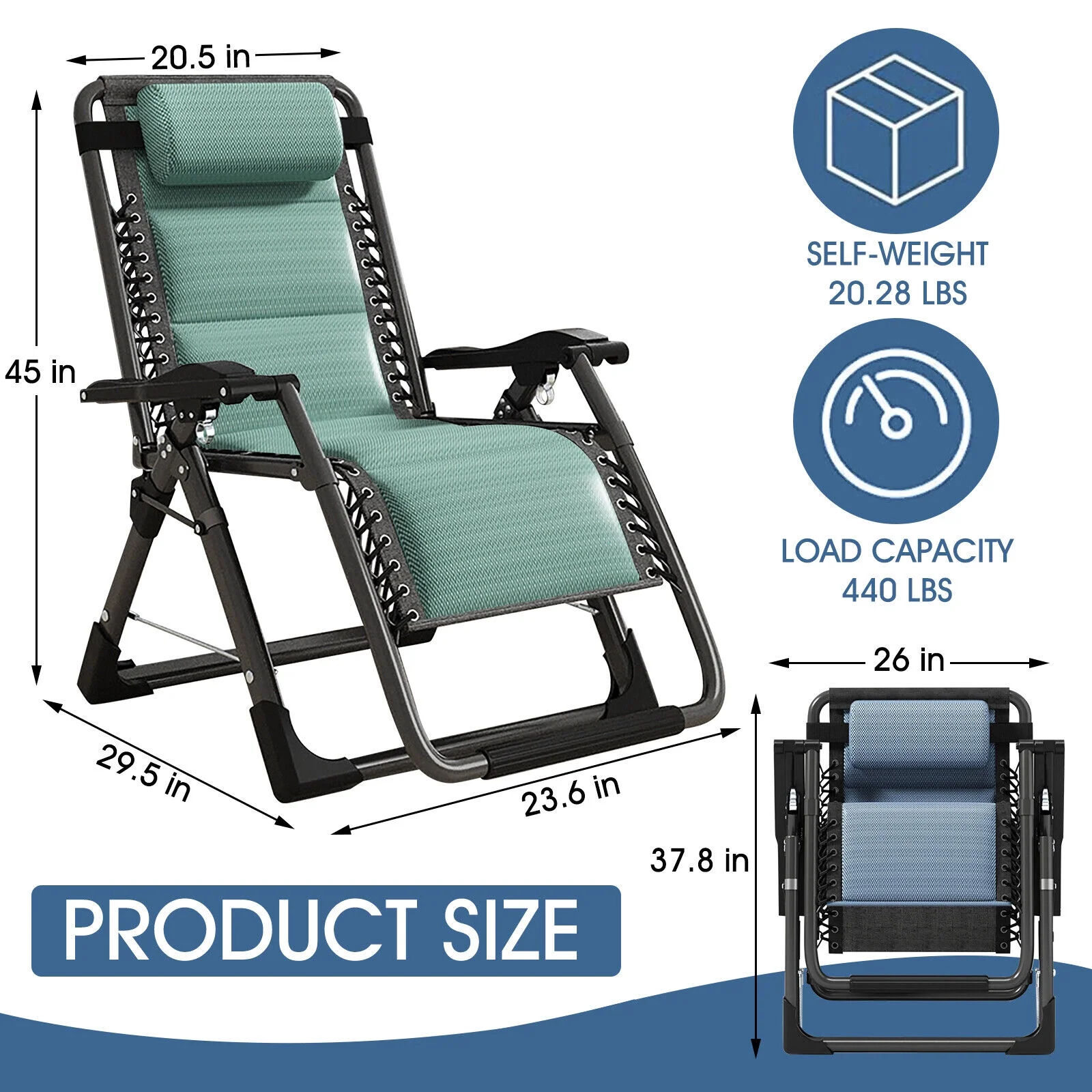 Heavy Duty Zero Gravity Chair, Lawn Recliner, Reclining Patio Lounger Chair