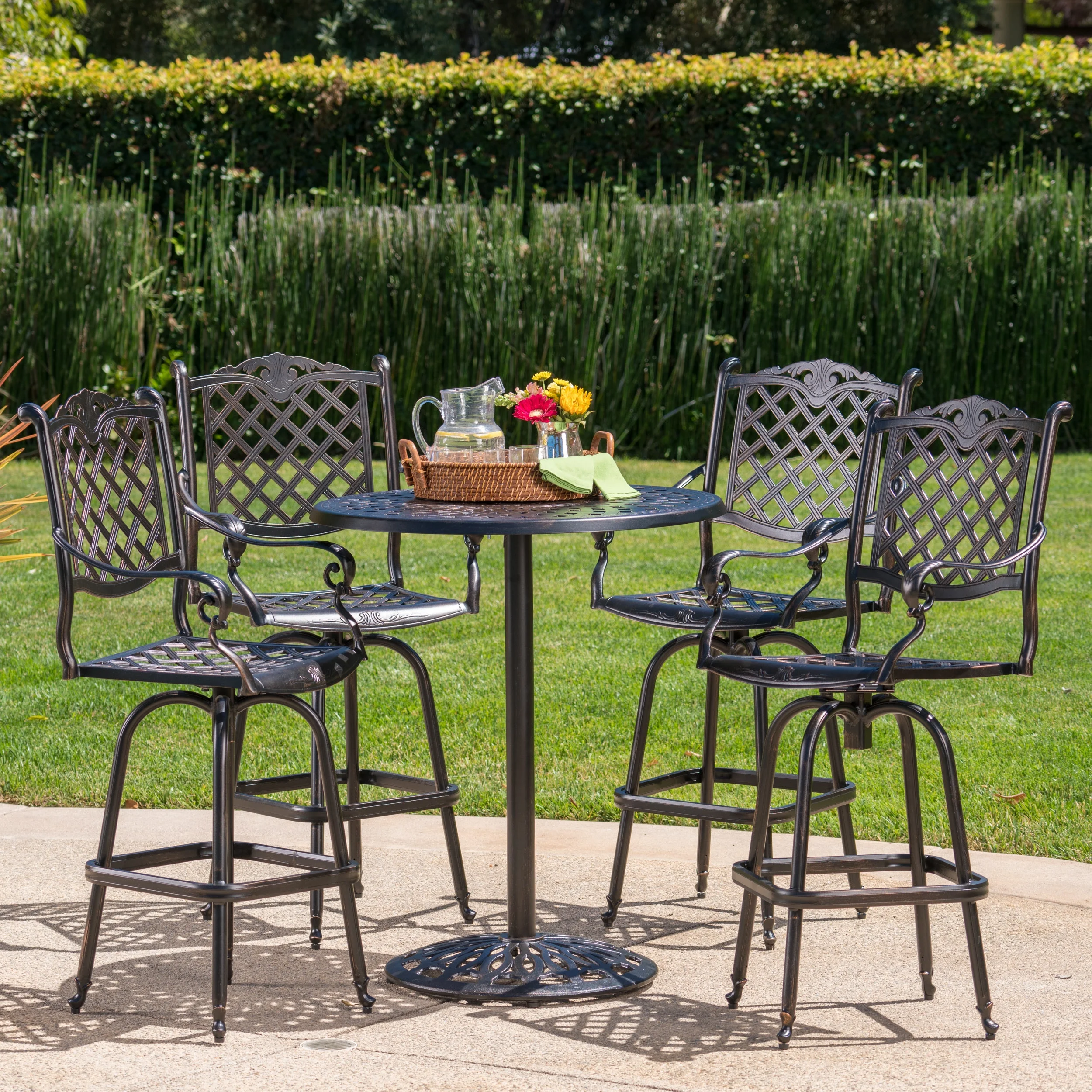 Outdoor 5 Piece Cast Aluminum Bar Set, Shiny Copper Finish