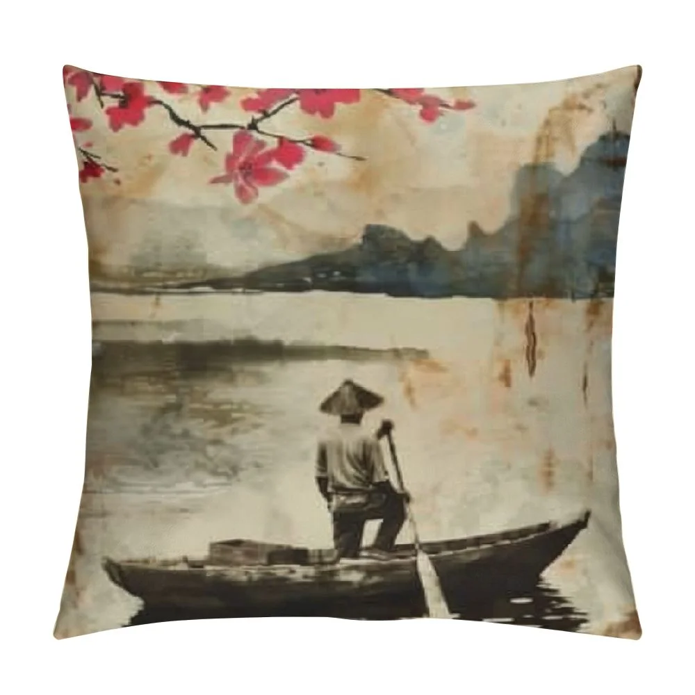 PRATYUS Vintage Japanese Plum Blossom Throw Pillow Covers ,Retro Traditional Watercolor Spring Cherry Blossoms Lakes Hills Girls Women Pliiow Covers for Living Room Bedroom Sofa Party Decor White