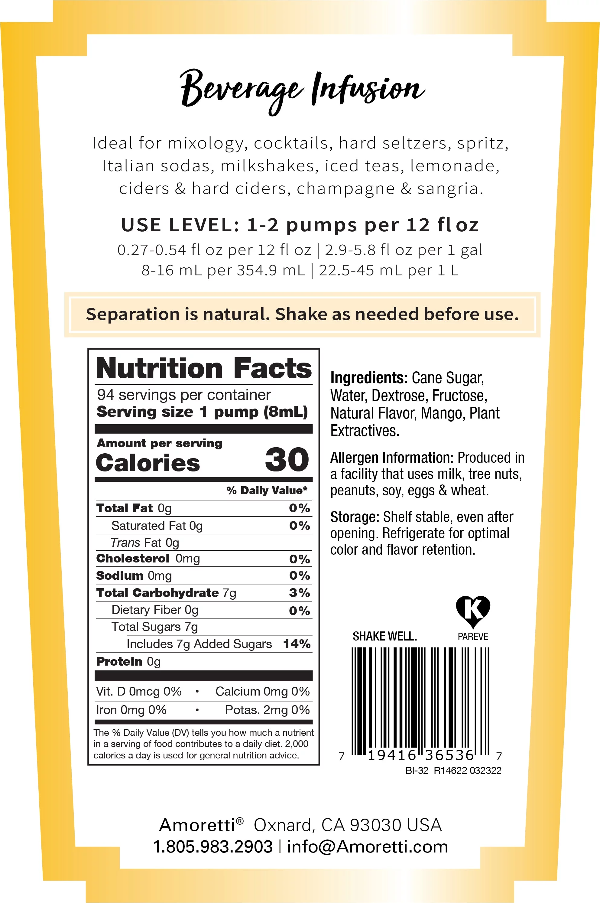 Amoretti - Spicy Mango Beverage Infusion - Drink Mix & Water Enhancer with Pump for Flavoring Cocktails, Waters, Teas, and other Beverages, 94 Servings Per Bottle (750 ml), Preservative Free