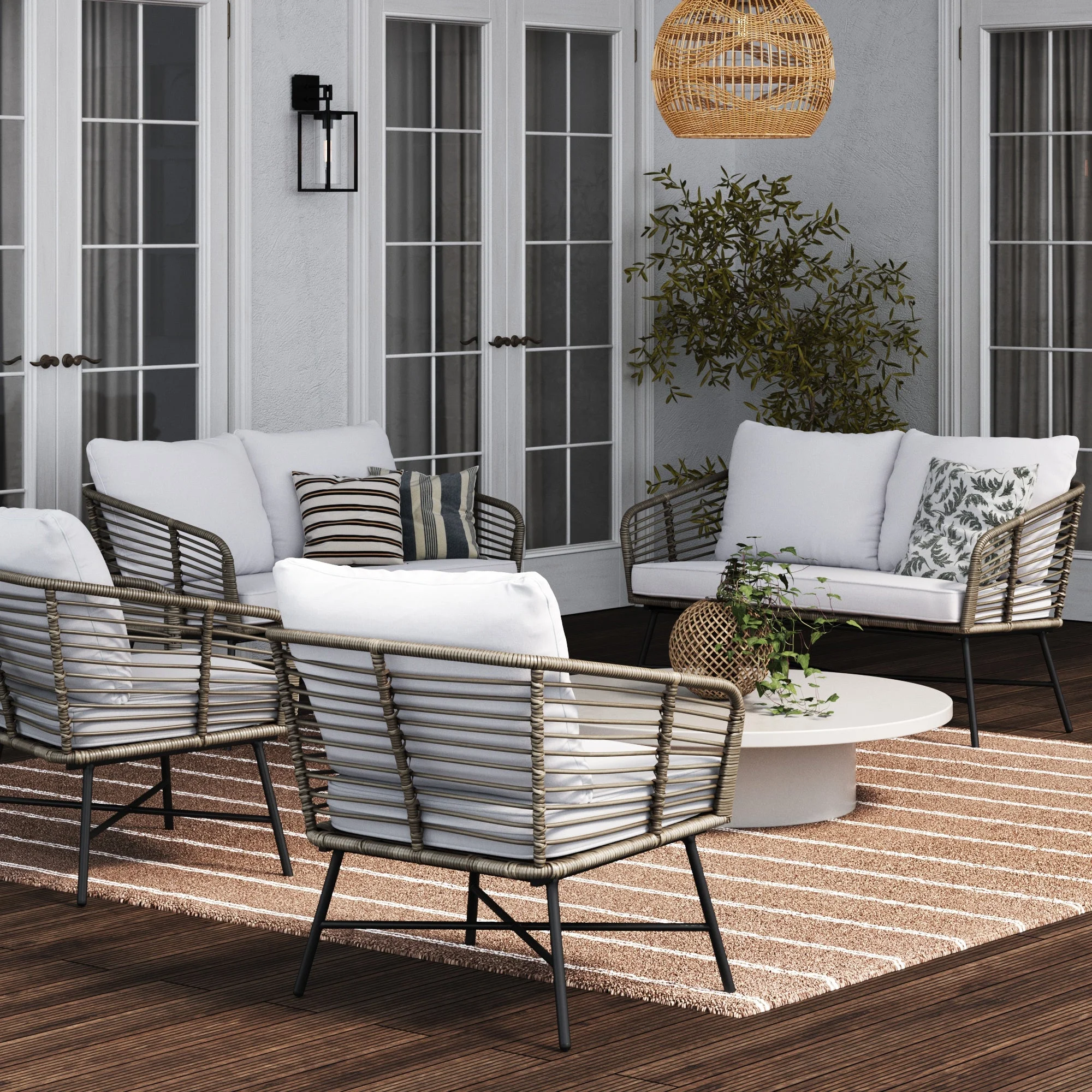 Nathan James Flow Bohemian 4-Piece Conversation Patio Set, Metal Outdoor Loveseat and Chair Set, Pale Gray