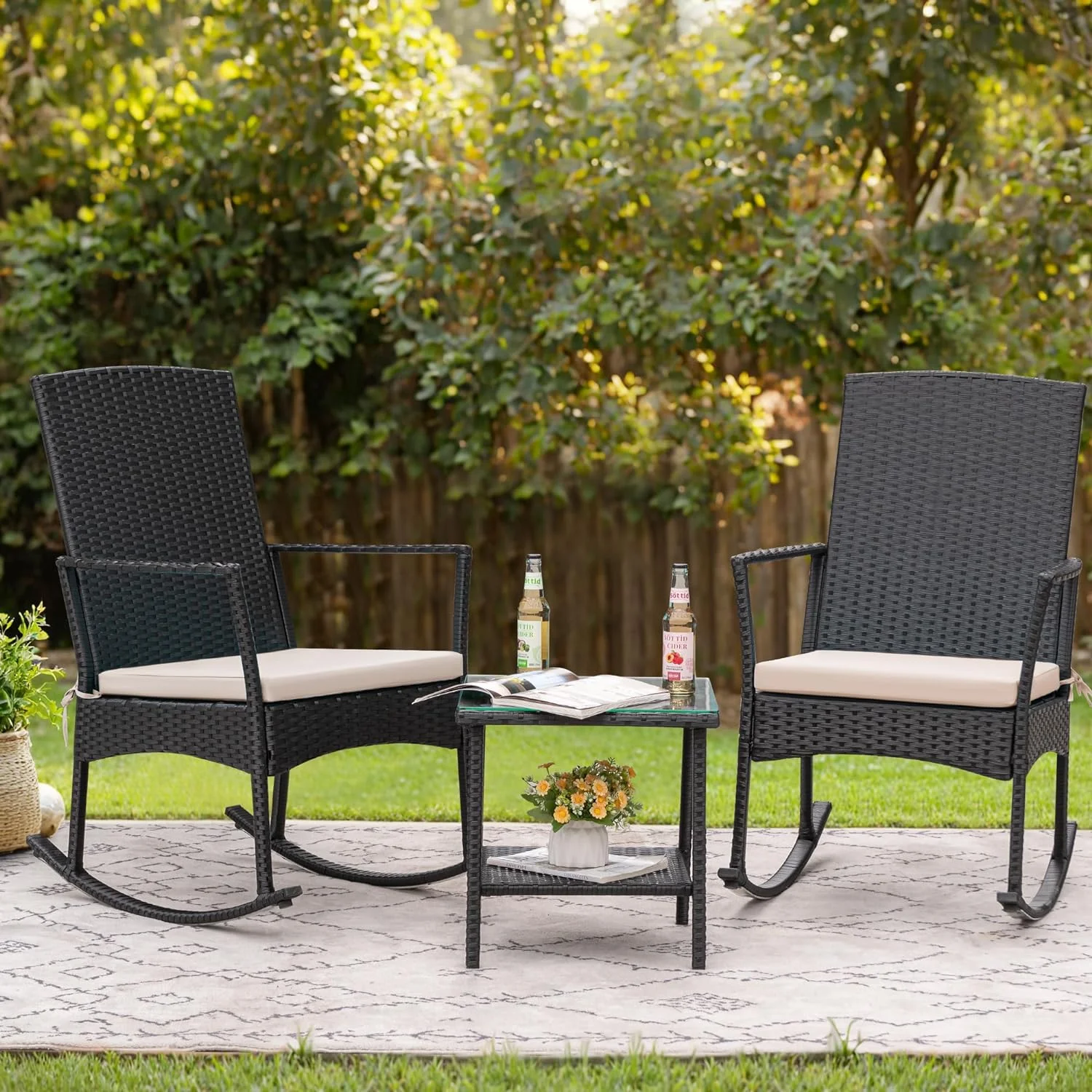 Rocking Chair Outdoor PE Rattan Patio Chairs with Glass Table High Back Porch Rocker for Balcony, Garden, Backyard (Beige)