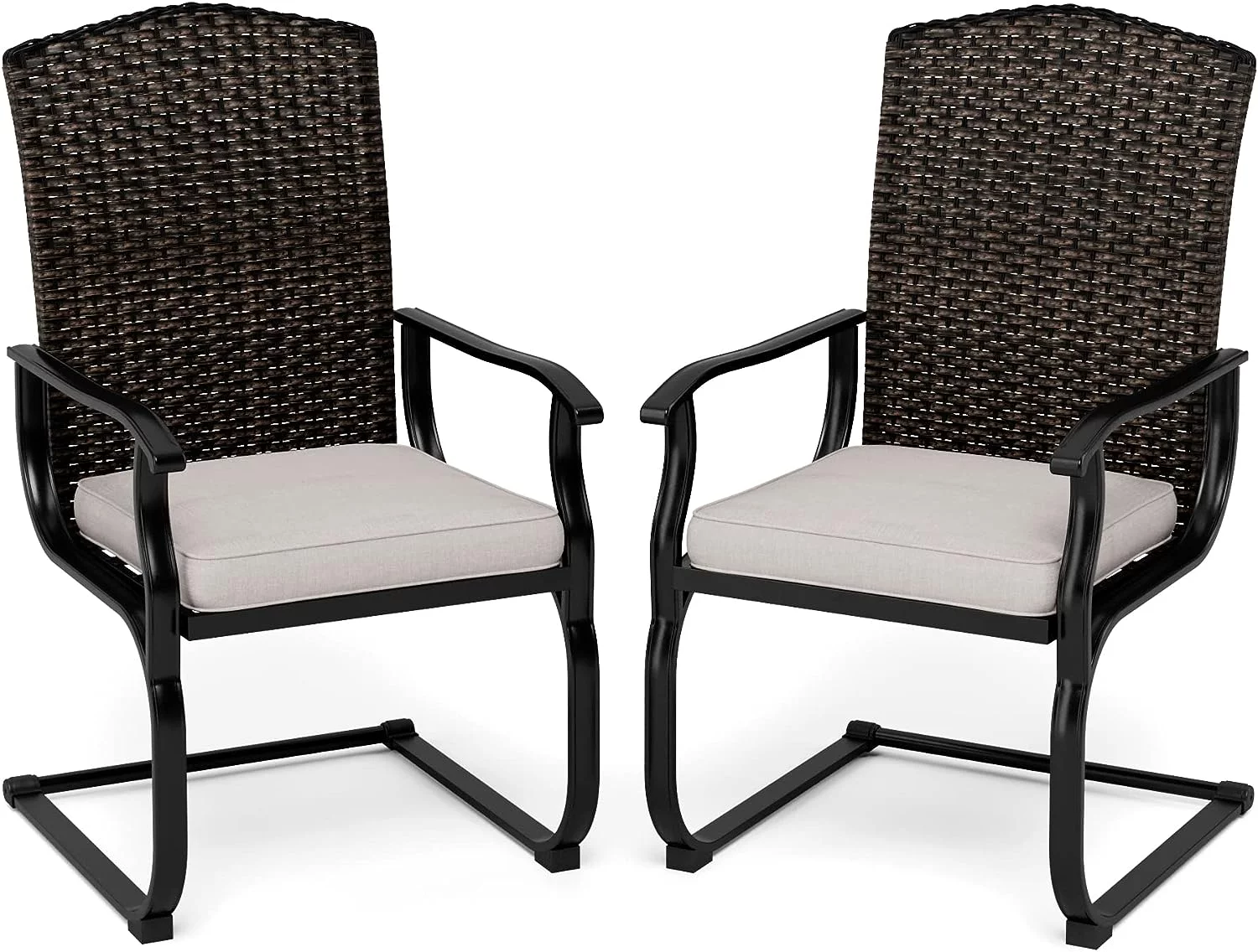 Rattan S Dining C Spring Chairs Set of 2, Outdoor Wicker Dining Chairs with Padded Removable Sponge Cushion, Brown Conversation Chairs for Poolside Lawn Garden Backyard