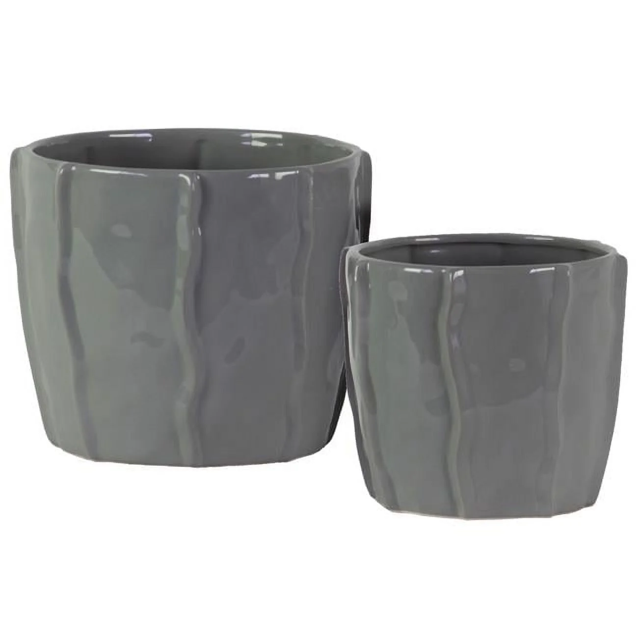Urban Trends Collection  Ceramic Low Pot with Embedded Wave Design Body - Gloss & Gray - Set of 2