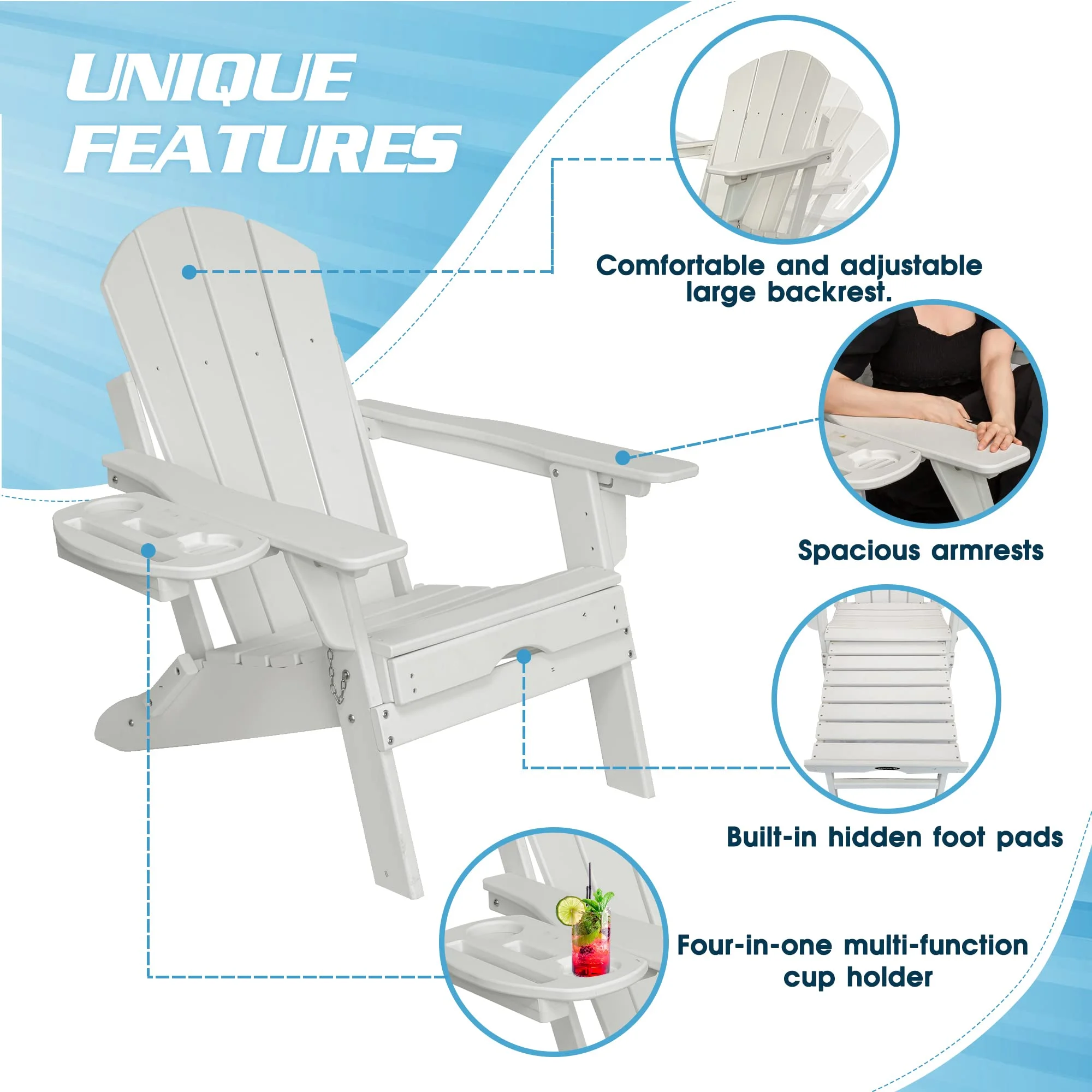 Folding Adirondack Chair with Retractable Ottoman, HDPE All-Weather Resistant Adjustable Backrest Adirondack Chair w/4 in 1 Cup Holder Trays, White