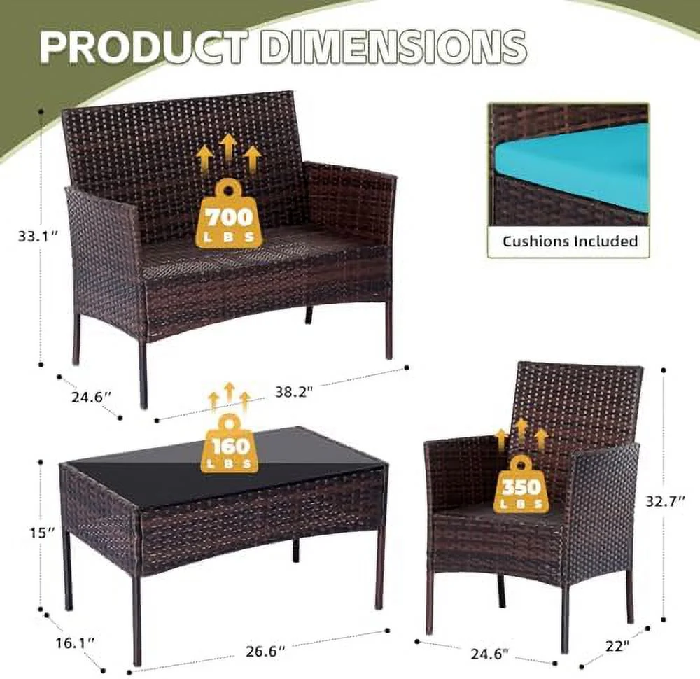 xrboomlife Patio  Set 4 Piece Garden Conversation Set  Outdoor Wicker Rattan Table and Chairs  Black Patio Set  Sectional Sofa with Thick Cushion for Garden  Yard  or Porch (Brown/Blue)