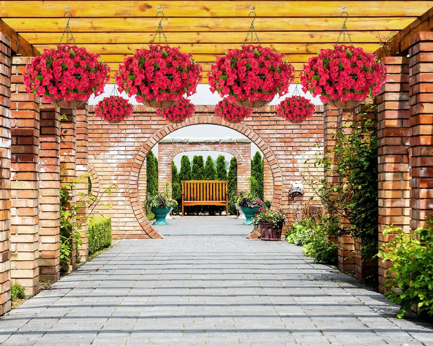 Artificial Hanging Plants Flowers with Basket for Spring Summer Outdoor Outside Decoration, Artificial Petunias Morning Glories Fake Plants for Patio Garden Porch Deck Yard(Red)