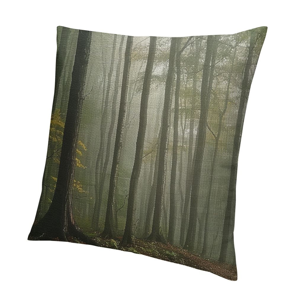 Ollo0ord Throw Pillow Cover Linen Farmhouse Autumnal Mystery Mist Woods Landscape Spruce Forest Dense Fog Colour Nature Tree Fall in Woodland Decorative Square Cushion Case for Sofa Car Bedroom  White