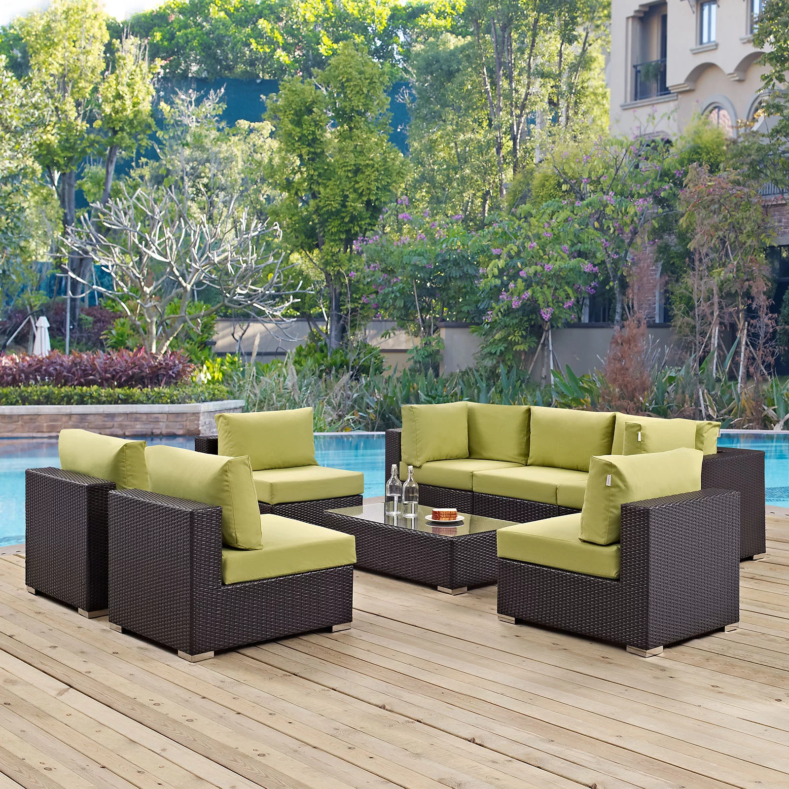 Modern Contemporary Urban Design Outdoor Patio Balcony Eight PCS Sectional Sofa Set, Green, Rattan