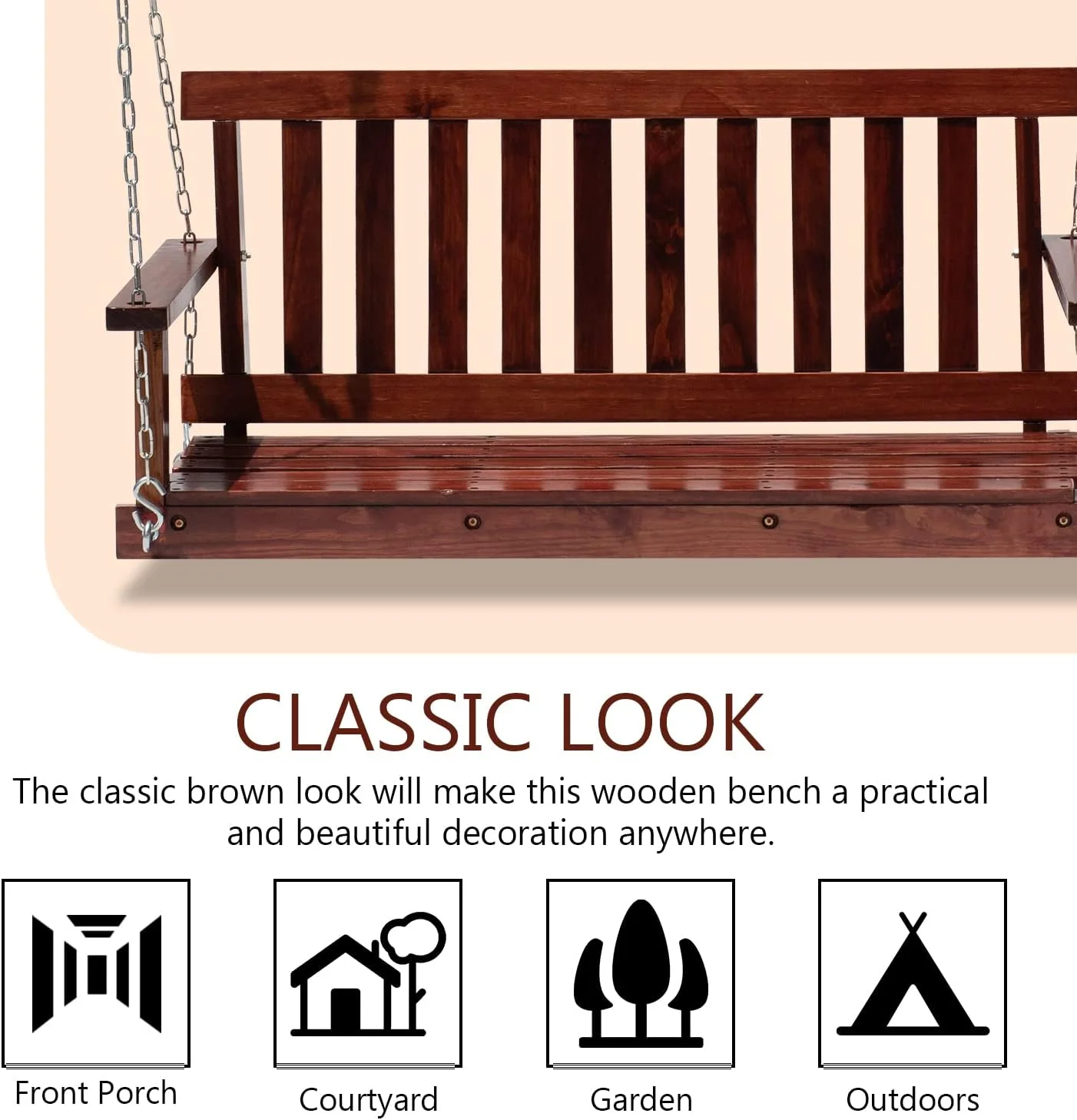 Dkelincs 48 inch Wood Outdoor Hanging Porch Swing Bench with Armrest and Chains 800 lbs Weight Capacity, Brown